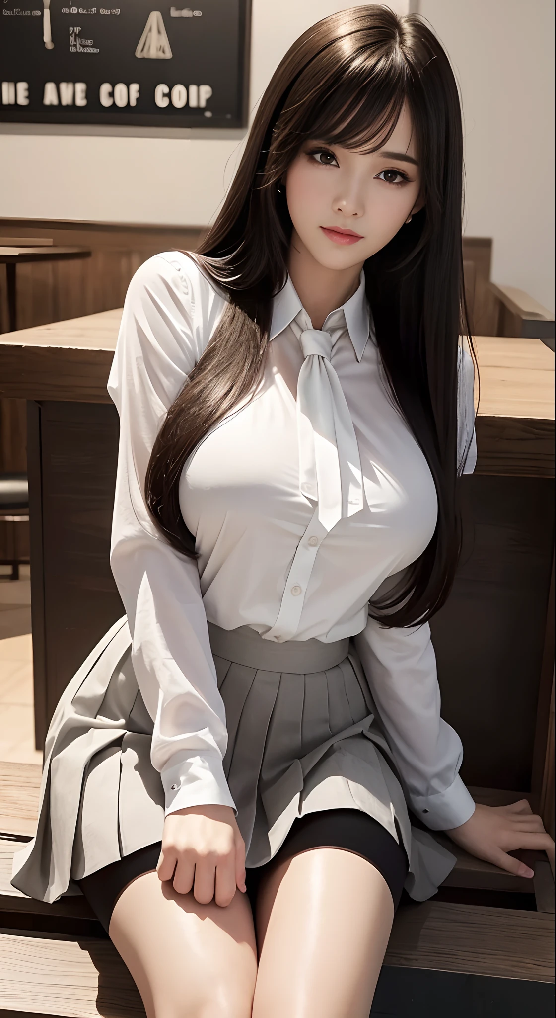 Photorealistic, high resolution, Soft light,1womanl, Solo, Hips up, shiny skins, (Detailed face),, jewelry, Secretary uniform, White shirt, Black skirt, Black stockings, a garter belt, Night, White hair, Wavy hair, The beautiful, Grab the audience's eye, Lover's perspective, Invitation expression, Sexy smile, Perfect style, Perfect balance, Detailed skin, mischievous gaze,