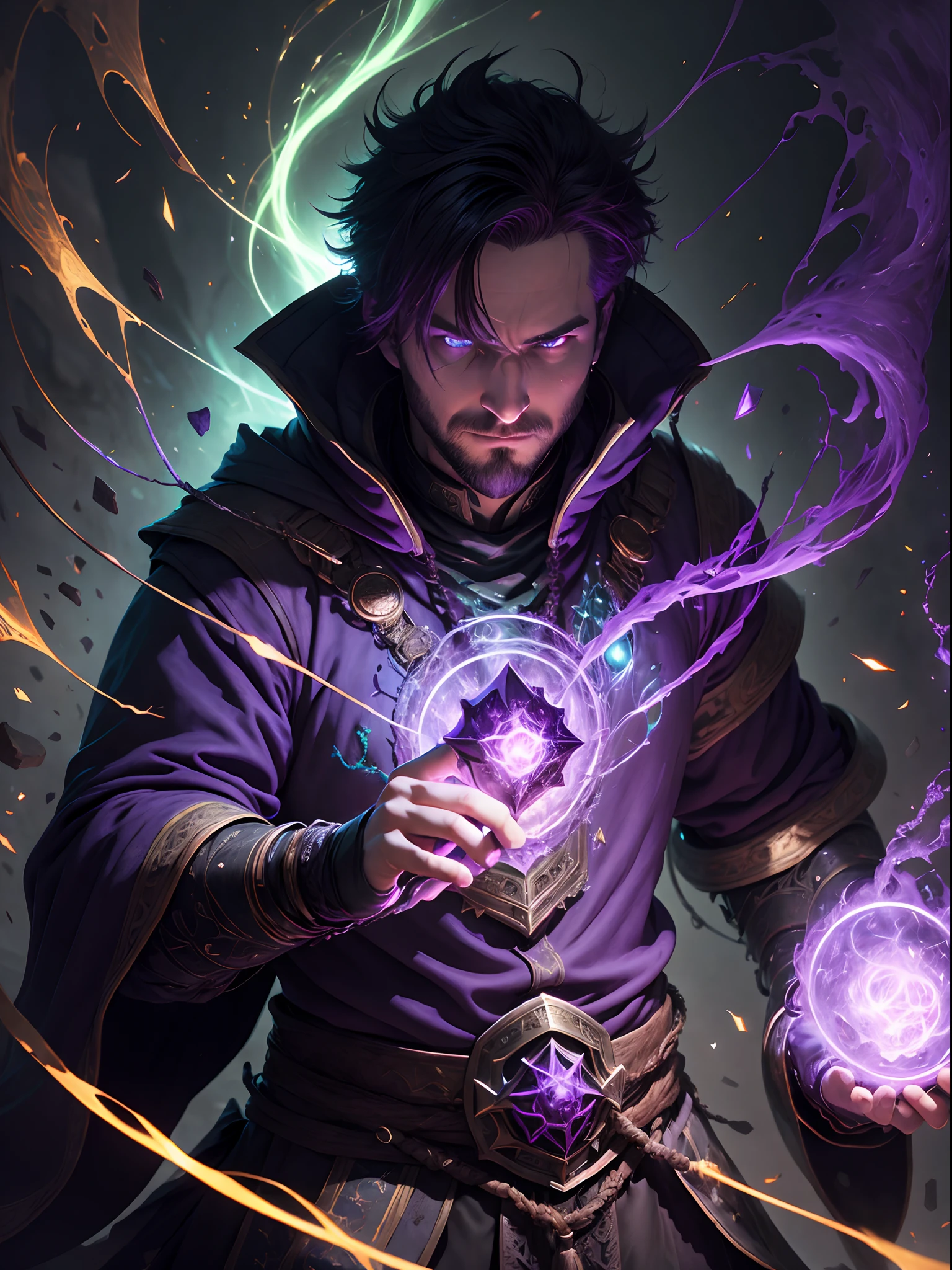 (1man, fat adult Scottish male:1.2), purple eyes, brown hair, undercut,
  looking down, solo, half shot, detailed background, detailed face, (V0id3nergy, empty theme:1.1) evil mage, black light armor robes, determined expression, green color scheme, dark green light, summoning circle, bright magic text, dark atmosphere, shadows, realistic lighting, floating particles, sparks, surrounded by purple ray casting spell, summoning, (thick molten candles:0.8),  red arcane symbols, eyes hungry for power, bloom
SCG,