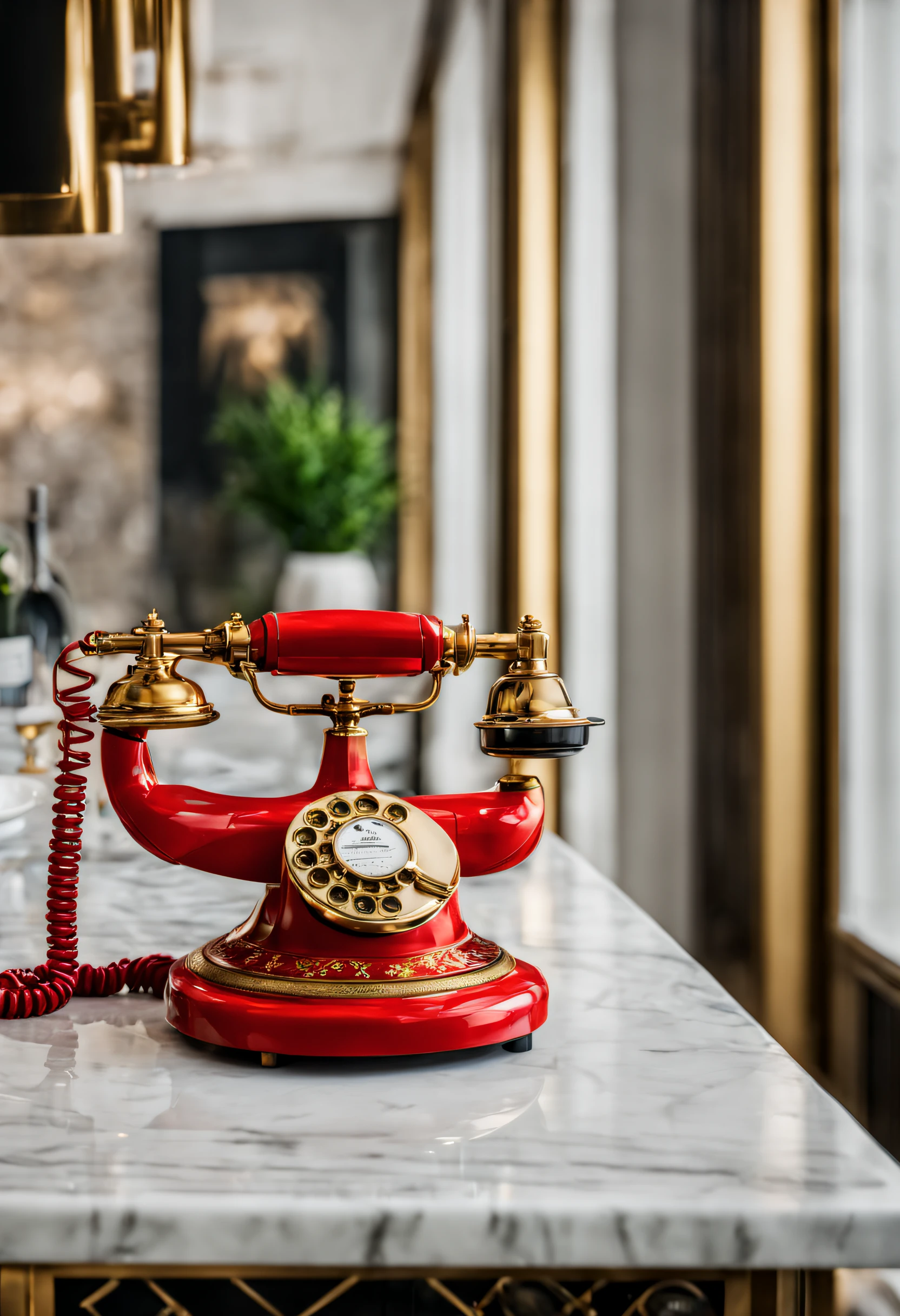 A vintage red telephone with intricate gold detailing, sitting on a marble countertop in a luxurious penthouse apartment.