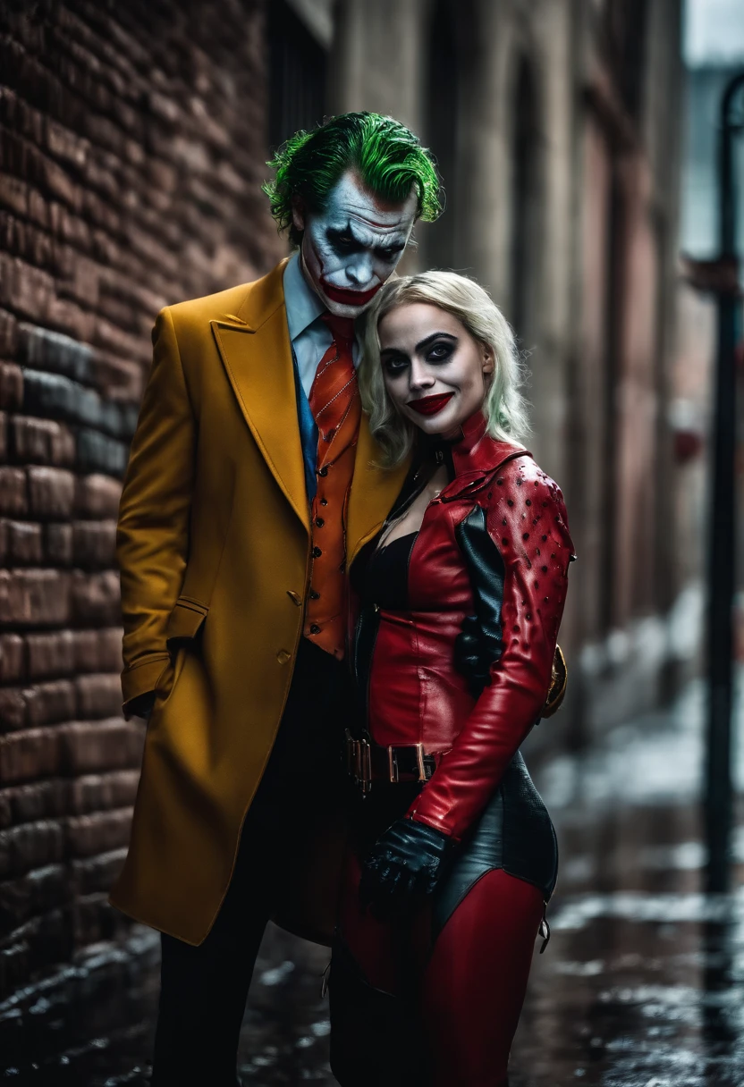 A couple photo from joker and pretty harley quinn, joker suit, rain day, wet, standing on urban street, dynamic romantic poses, shot from below, urban wall graffiti background, detailed face and eyes, perfect anatomy, perfect finger, lots of detail, higly detailed, cinematic lighting, movie scenes, trending movie color style, realistic photography, ultra realistic, masterpiece, dynamic composition, moid shot, very wide view, nvidia rtx