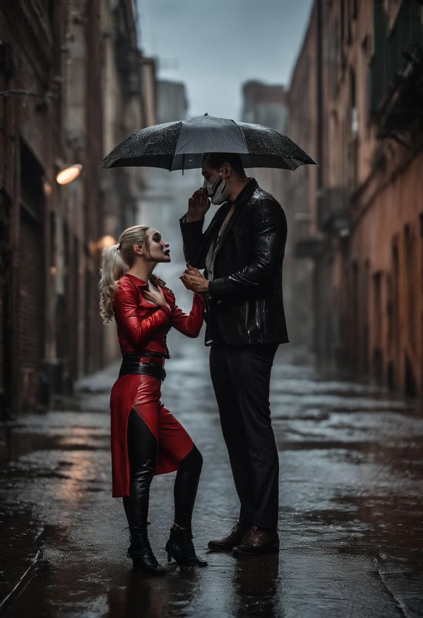 A couple photo from joker and pretty harley quinn, joker suit, rain day, wet, standing on urban street, dynamic romantic poses, shot from below, urban wall graffiti background, detailed face and eyes, perfect anatomy, perfect finger, lots of detail, higly detailed, cinematic lighting, movie scenes, trending movie color style, realistic photography, ultra realistic, masterpiece, dynamic composition, moid shot, very wide view, nvidia rtx