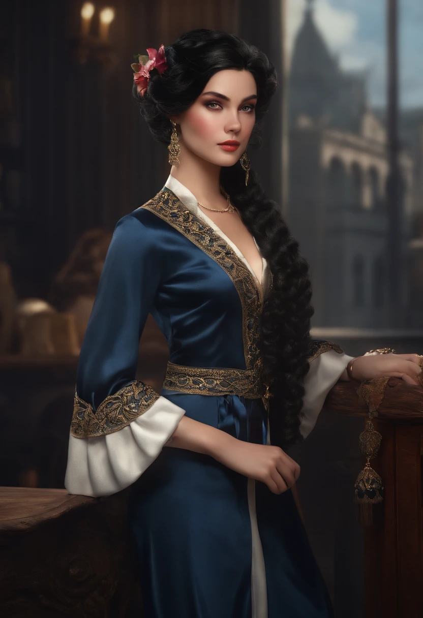 Best Quality, (Photorealistic:1.2), 1girl in, Solo, Detailed face, Face Focus, Standing, Black hair,(Hair Ornament:1.35),Office Lady, ribbon-trimmed sleeves, Detached sleeves, Ribbon trim, Wide sleeves, (Looking at Viewer:1.5) Long hair, Black eyes, Bangs, Lips,