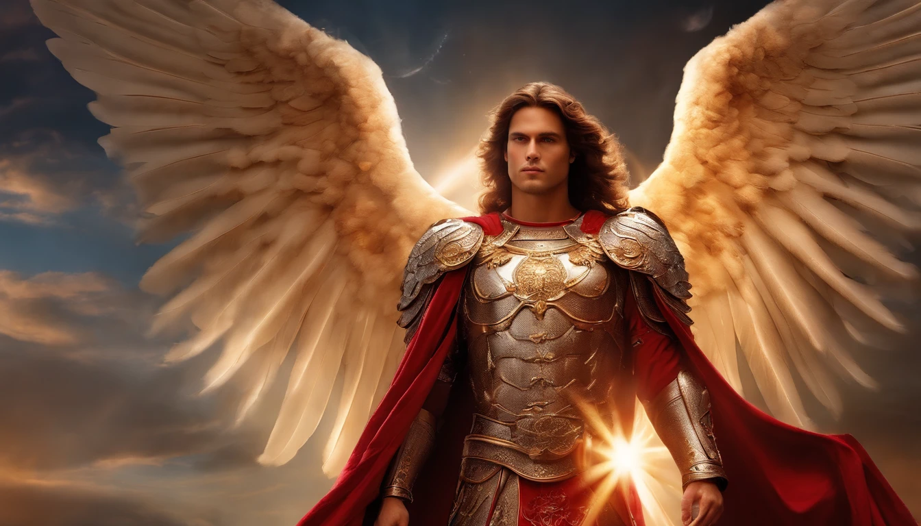 male character, Archangel Michael, Astronomical images, intricate details, realistic, red and large wings, Angelic background, Catholic illustration image of Archangel Michael, Male characters in the Bible, Michael wears angel armor, cosmic background, Archangel and backlighting, Full body image of an angel, Maximum detail and his angelic face and wings, Realistic perfect skin, The highest image quality, Miguel He is highlighted in the image in strong and striking colors.