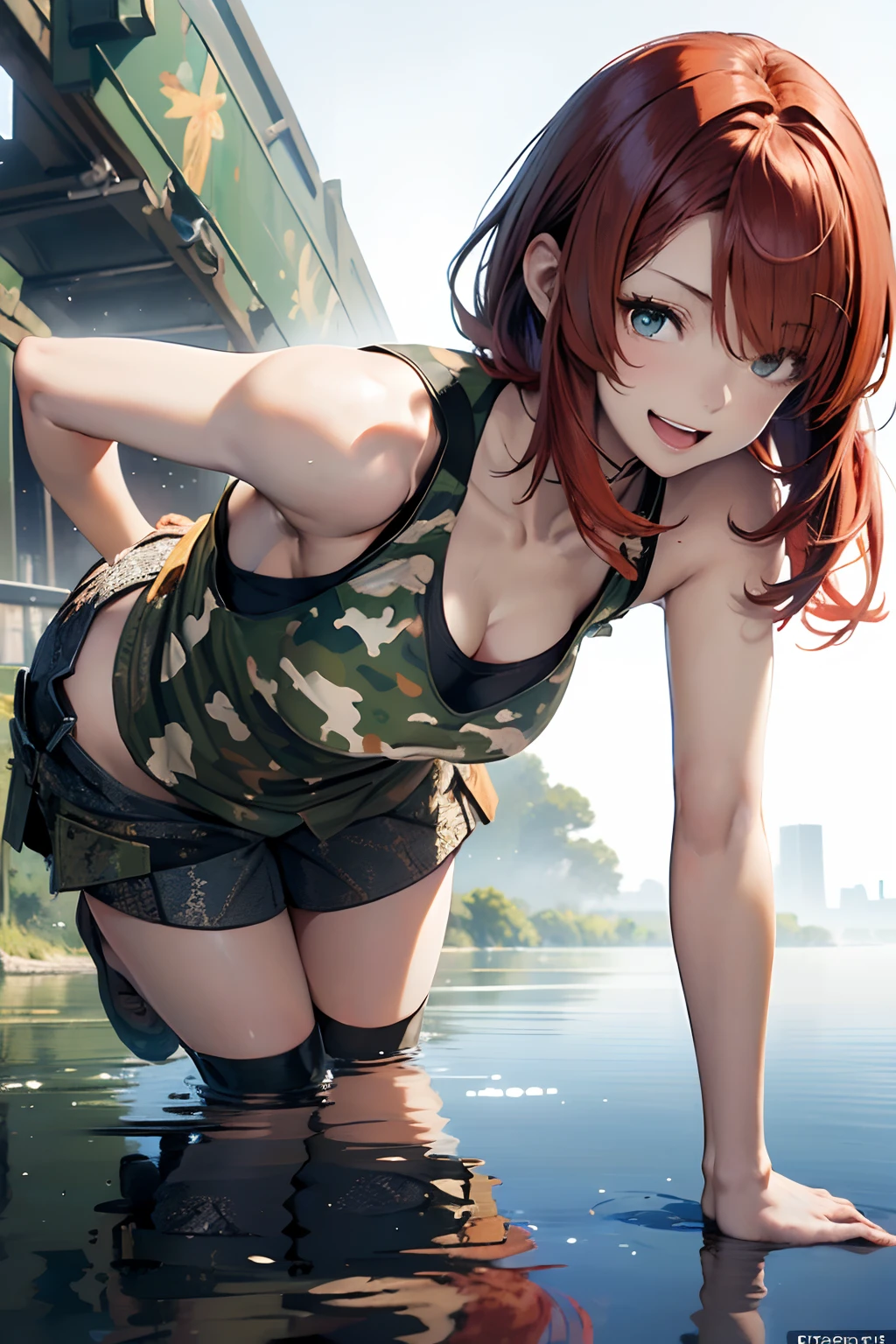 (Best Quality, 8K, Oil Painting, masutepiece:1.2), Ultra-detailed, (Realistic, Photorealistic:1.37), (((FULL BODYSHOT)))、Vibrant colors, Studio Lighting, (((The whole body is reflected)))、Shoulder-length bob hair, Green and brown tank top, Camouflage tank top, Denim miniskirt,、White background, ((Happy look))、close your eyes and laugh、open arms、Opens mouth and laughs、(((Red hair)))、(((bobhair)))、(((Camouflage pattern tank top)))、(((with a pure white background)))、(((There is a margin at the top)))、(((There is margin on the left and right sides)))、(((There is a margin above the image)))、(((Very cute woman)))