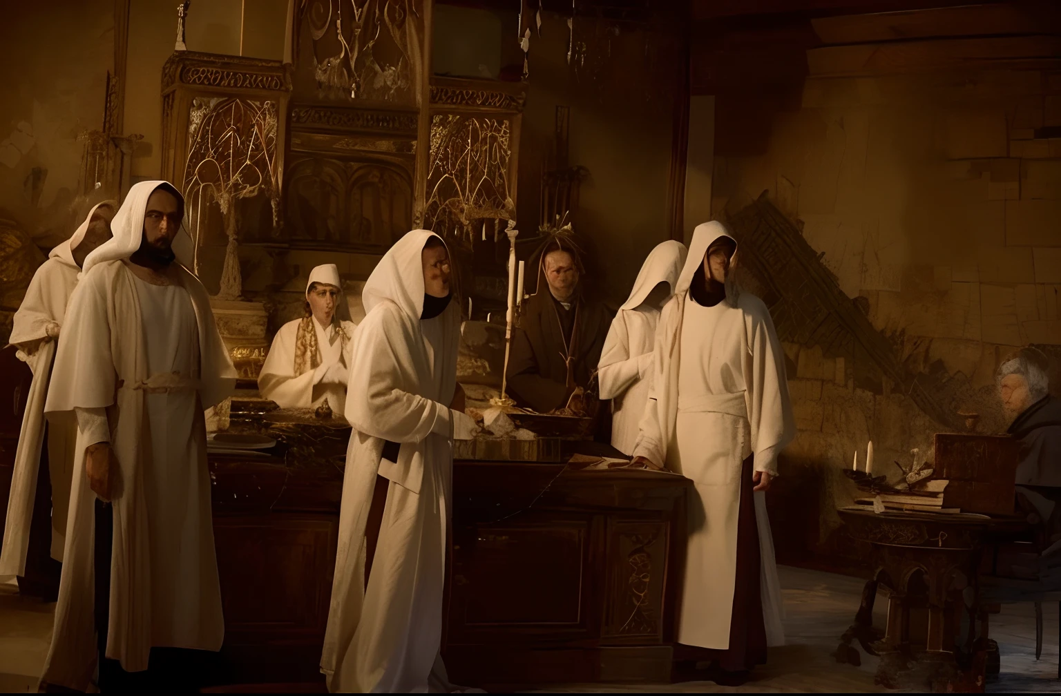several people in white robes are standing around a table, robed figures sat around a table, dressed in white robes, white robes, clad in robes, wearing white robes, ancient kings in white robes, covered in robes, wearing robes, flowing white robes, religious robes, golden-white robes, wearing white robes!, wearing flowing robes, in robes,Dark depiction 8K like photo