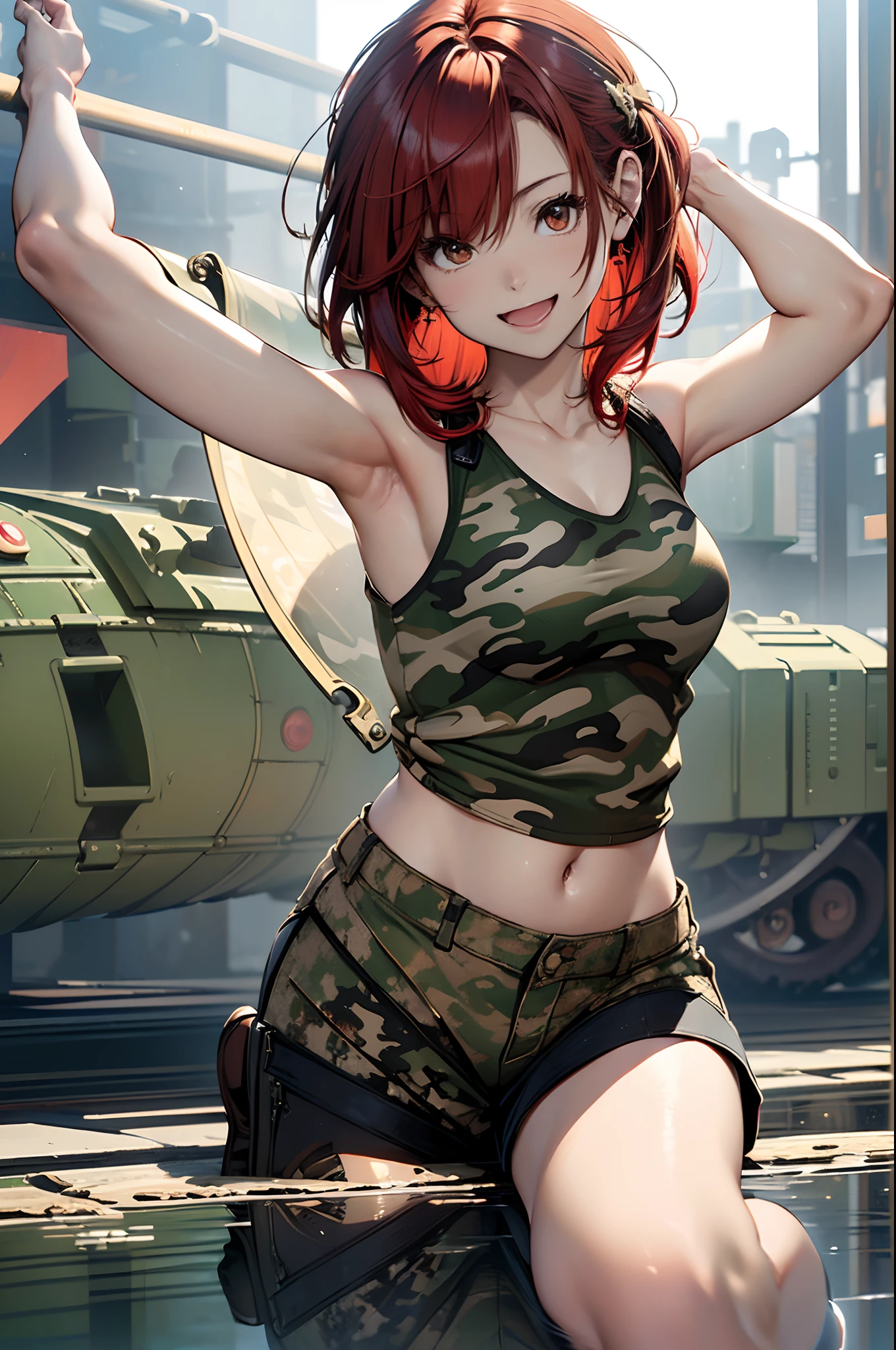 (Best Quality, 8K, Oil Painting, masutepiece:1.2), Ultra-detailed, (Realistic, Photorealistic:1.37), (((FULL BODYSHOT)))、Vibrant colors, Studio Lighting, (((The whole body is reflected)))、Shoulder-length bob hair, Green and brown tank top, Camouflage tank top, Denim miniskirt, White background, ((Happy look))、close your eyes and laugh、open arms、Opens mouth and laughs、(((Red hair)))、(((bobhair)))、(((Camouflage pattern tank top)))、(((with a pure white background)))、(((There is a margin at the top)))
