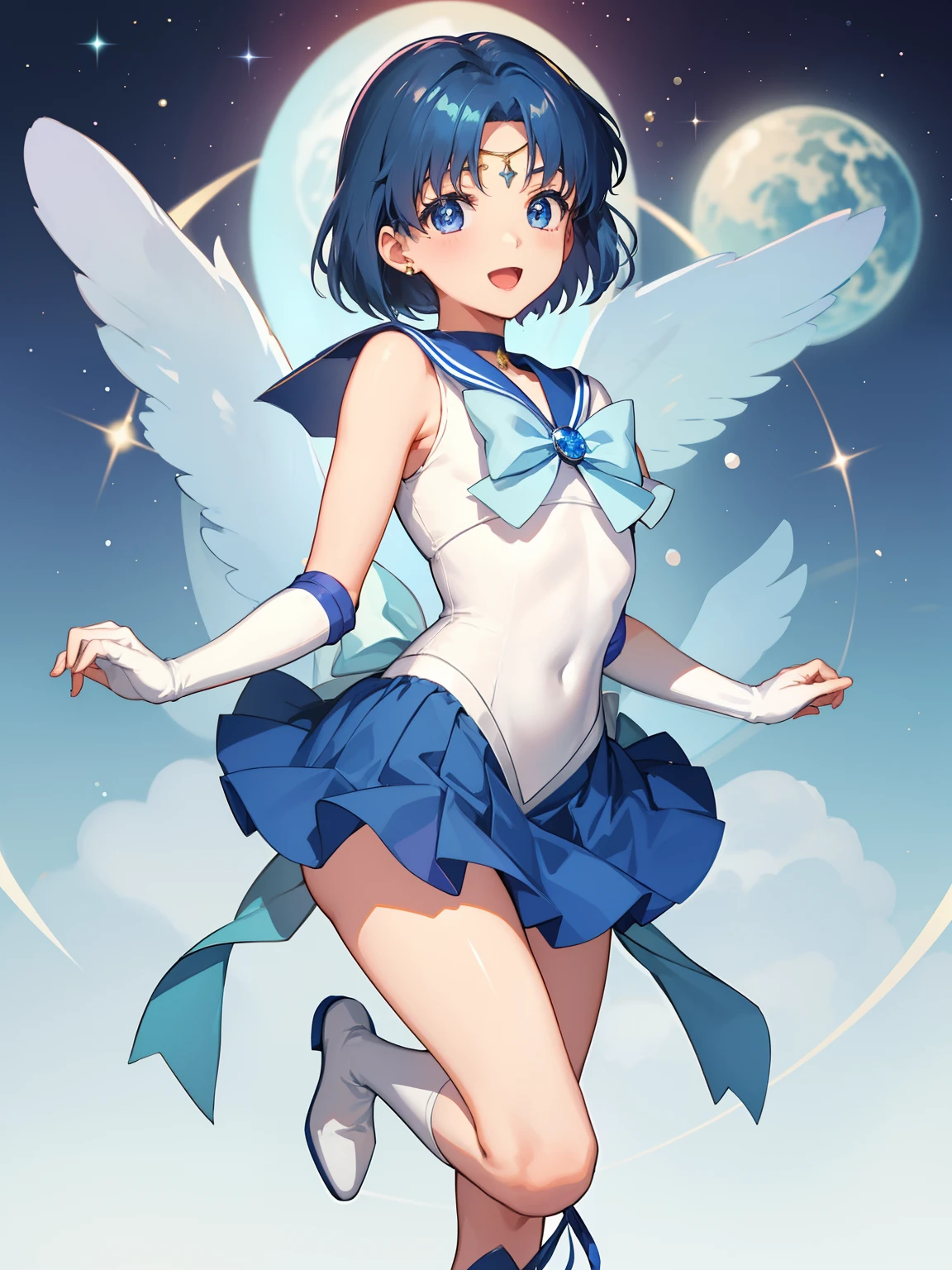 Sailor Senshi Uniform、sparkle、Sailor Mercury、Anime Boy、 boys、Ami Mizuno、gender change、gender change(Girls to boys)、circlet、Blue sailor collar、solo、Blue sailor collar、Sky blue ribbon at chest、Blue-eyed boy、Short silver-haired boy、a blue skirt、Blue choker、Blue knee boots、skirt、bow、back_bow、rating:safe、boots、Magical Boy、Bare shoulders、bare legs、knee_boots、sparkle_background、white glove、jewelry、smile、elbowgloves、耳Nipple Ring、blue_bow、open_mouth、heart、White leotard、highleg leotard、robe blanche、full_body、blue_background、looking_at_viewer、indoors、room、lens_flare、a miniskirt、pleatedskirt、