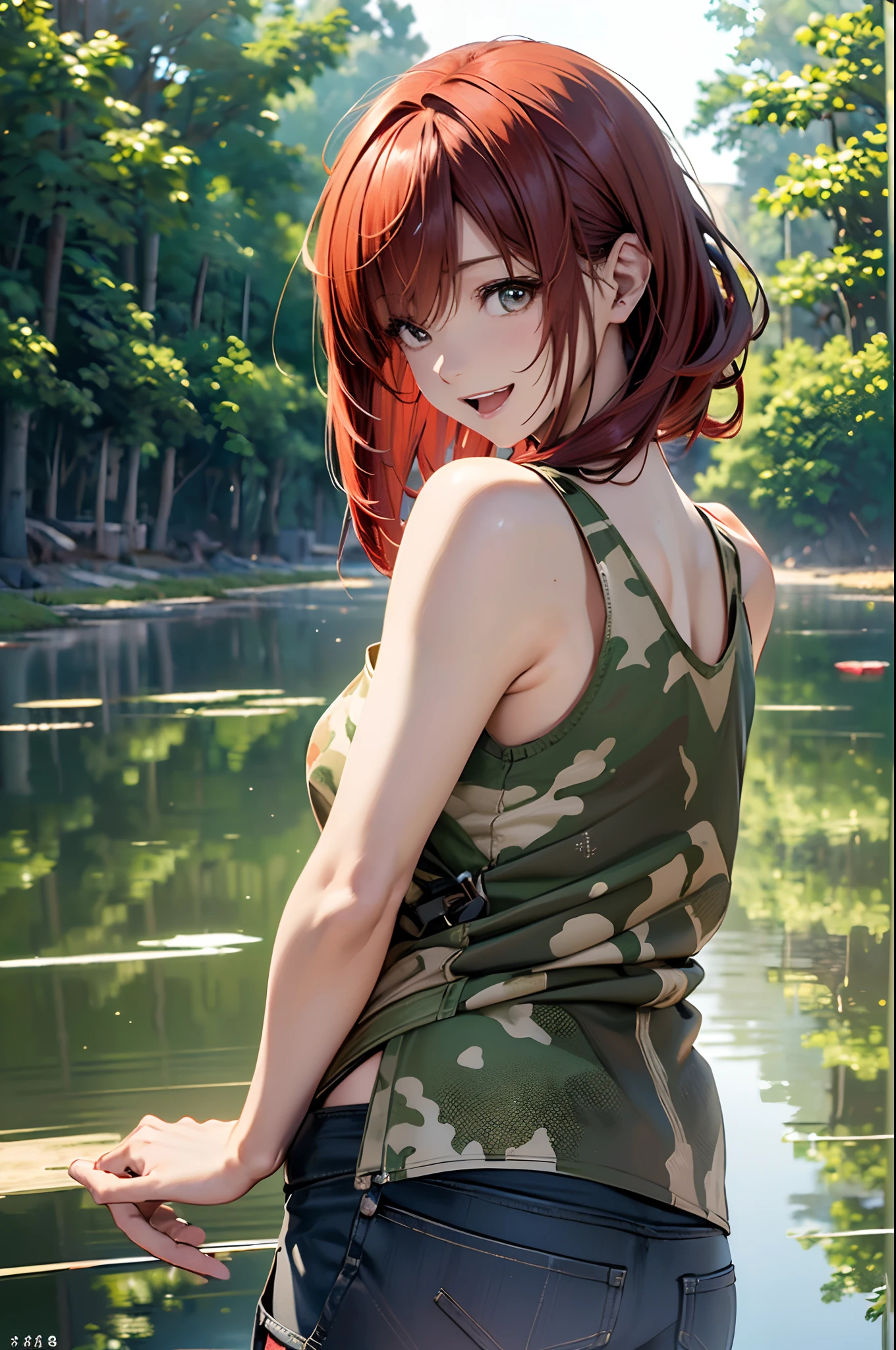 (Best Quality, 8K, Oil Painting, masutepiece:1.2), Ultra-detailed, (Realistic, Photorealistic:1.37), (((FULL BODYSHOT)))、Vibrant colors, Studio Lighting, (((The whole body is reflected)))、Shoulder-length bob hair, Green and brown tank top, Camouflage tank top, Denim miniskirt,、White background, ((Happy look))、close your eyes and laugh、open arms、Opens mouth and laughs、(((Red hair)))、(((bobhair)))、(((Camouflage pattern tank top)))、(((with a pure white background)))、(((There is a margin at the top)))、(((There is margin on the left and right sides)))、(((There is a margin above the image)))、(((Very cute woman)))