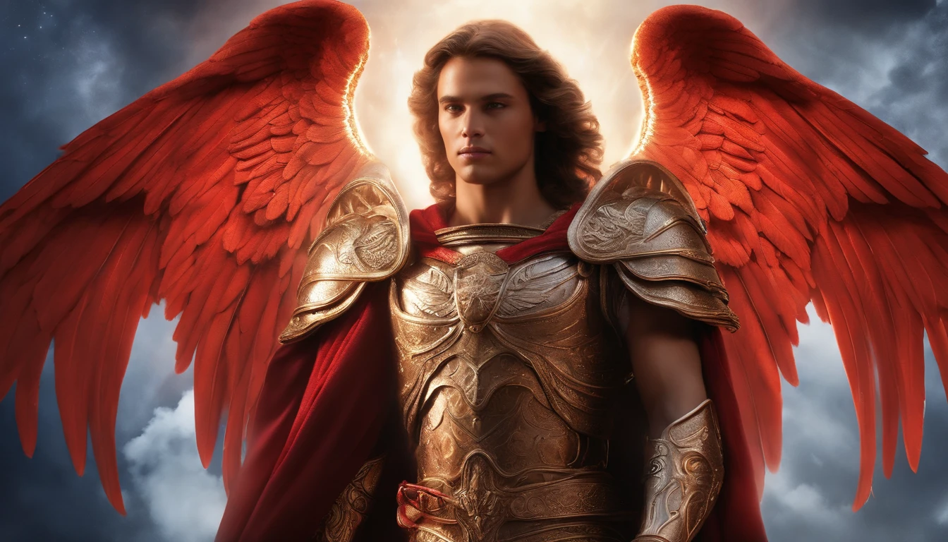 male character, Archangel Michael, Astronomical images, intricate details, realistic, red and large wings, Angelic background, Catholic illustration image of Archangel Michael, Male characters in the Bible, Michael wears angel armor, cosmic background, Archangel and backlighting, Full body image of an angel, Maximum detail and his angelic face and wings, Realistic perfect skin, The highest image quality, Miguel He is highlighted in the image in strong and striking colors.
