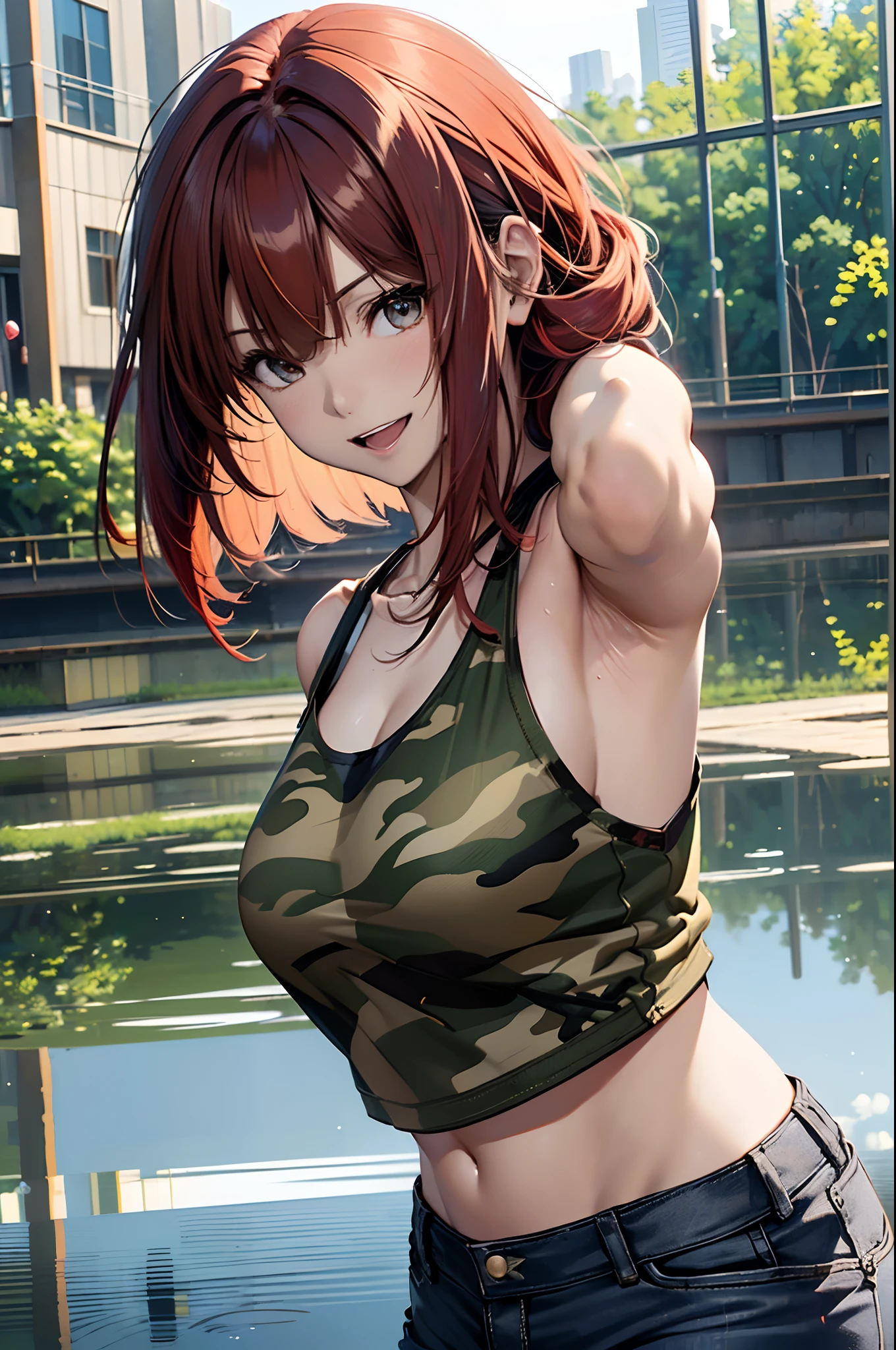 (Best Quality, 8K, Oil Painting, masutepiece:1.2), Ultra-detailed, (Realistic, Photorealistic:1.37), (((FULL BODYSHOT)))、Vibrant colors, Studio Lighting, (((The whole body is reflected)))、Shoulder-length bob hair, Green and brown tank top, Camouflage tank top, (((Denim miniskirt)))、(((White background))), (((with a pure white background)))、((A very flustered expression))、(((Full speed)))、(((Sweaty)))、(((Red hair)))、(((bobhair)))、(((Camouflage pattern tank top)))、(((with a pure white background)))、(((There is a margin at the top)))、(((There is margin on the left and right sides)))、(((There is a margin above the image)))、(((Running left)))