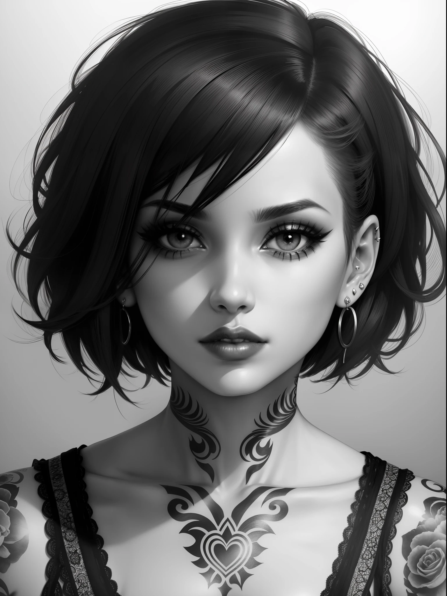 DigiArt Style, looking at viewer, monochrome, portrait, digital art, 1girl, solo,short hair, earrings, greyscale, parted lips, lips, eyelashes, tattoo, makeup,  piercing, ear piercing, jewelry, simple background, white background,
