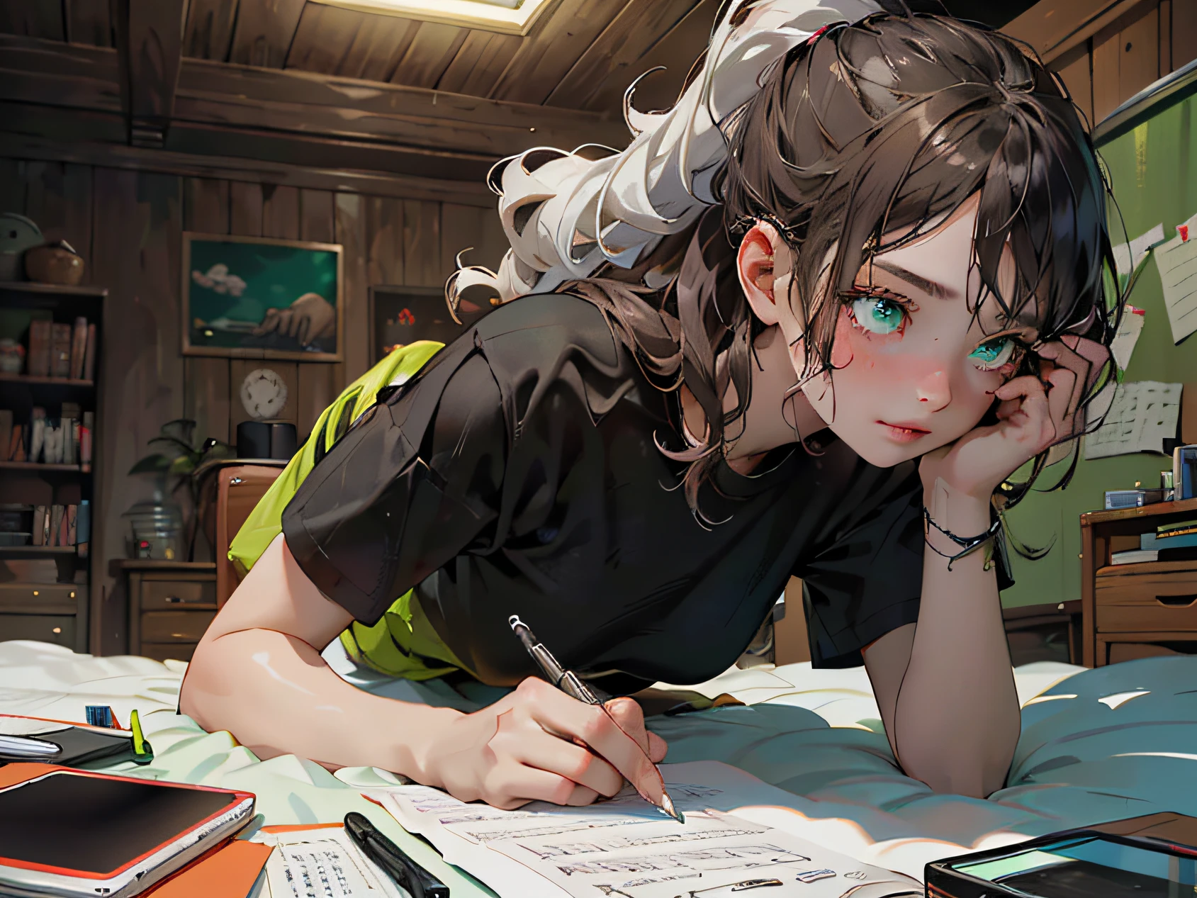 ((1girl,solo))absurdres, highres, ultra detailed, (1girl:1.3), (disheveled hair,beautiful detailed eyes,shiny oily skin:1.1),(green eyes)
study room
Quiet music is playing in a dark room
various writing tools and electronic devices
Wearing shorts and a t-shirt
The girl is lying in bed and sleeping