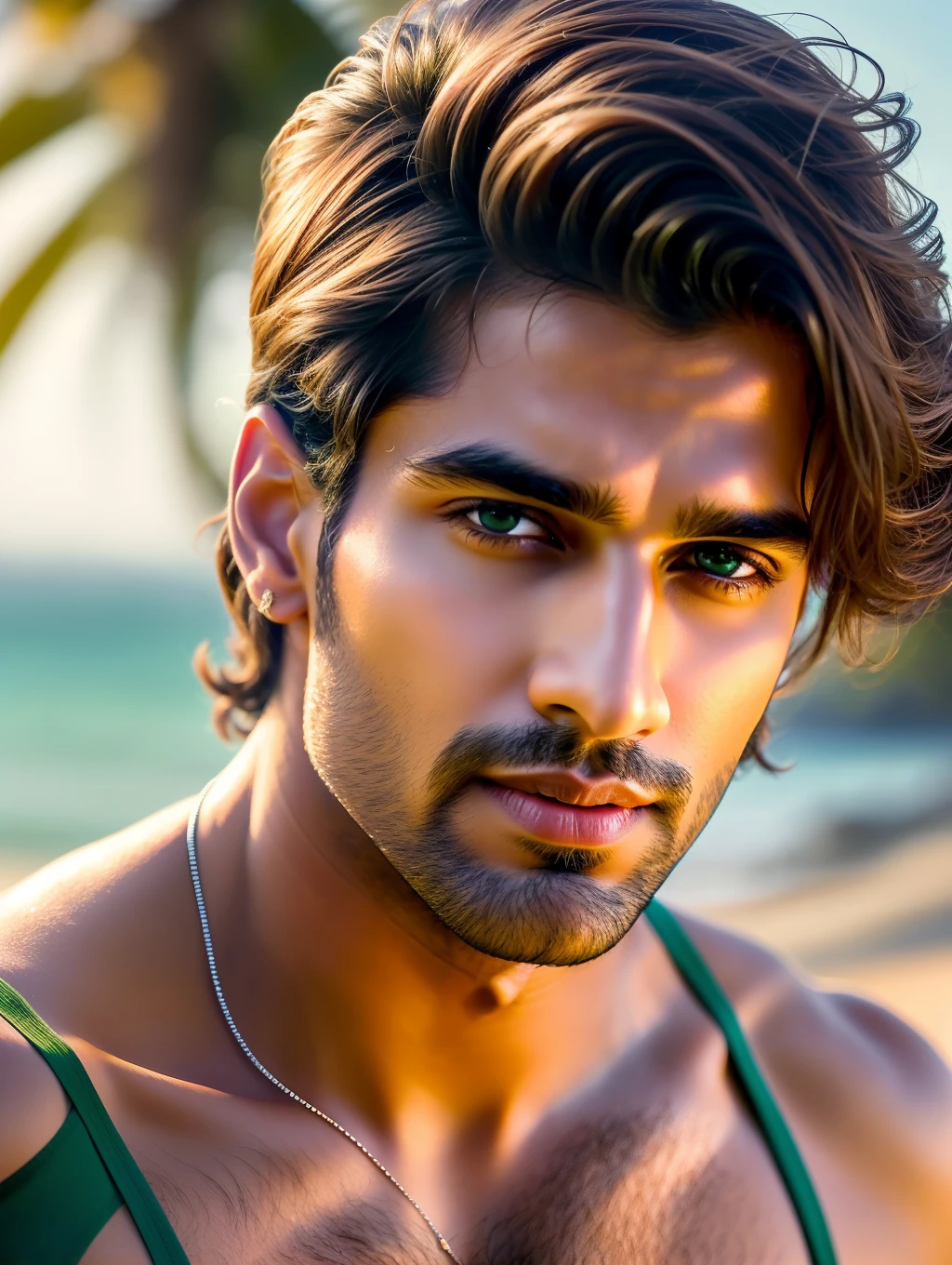 Cinematic soft lighting illuminates a stunningly detailed and ultra-realistic handsome Indian male supermodel, beach look, military short messy windy light brown hair, clear green eyes, captivating perfect smile, sensual, hot man, insanely handsome, that is trending on ArtStation. Octane is the perfect tool to capture the softest details of this 16k photography masterpiece.
