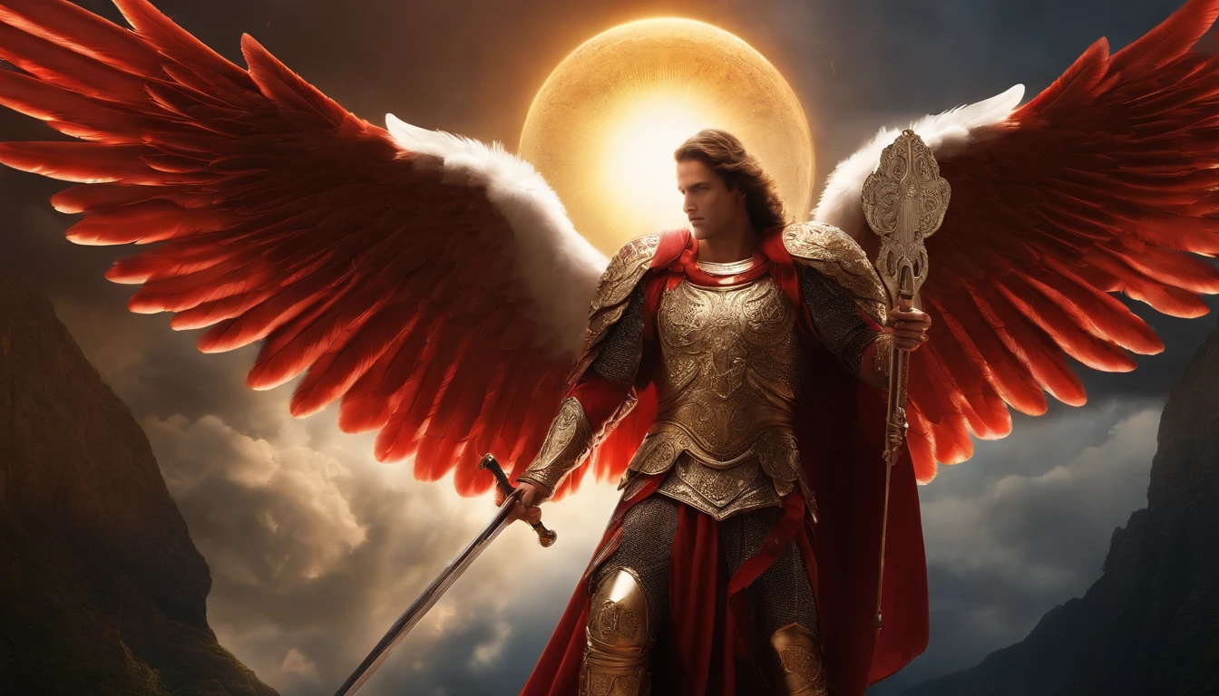 male character, Archangel Michael, Astronomical images, intricate details, realistic, red and large wings, Angelic background, Catholic illustration image of Archangel Michael, Male characters in the Bible, Michael wears angel armor, cosmic background, Archangel and backlighting, Full body image of an angel, Maximum detail and his angelic face and wings, Realistic perfect skin, The highest image quality, Miguel He is highlighted in the image in strong and striking colors.