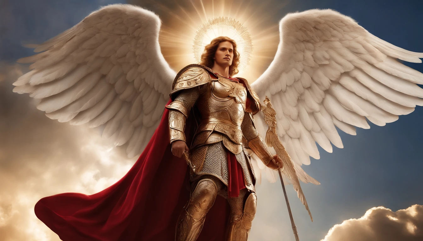 male character, Archangel Michael, Astronomical images, intricate details, realistic, red and large wings, Angelic background, Catholic illustration image of Archangel Michael, Male characters in the Bible, Michael wears angel armor, cosmic background, Archangel and backlighting, Full body image of an angel, Maximum detail and his angelic face and wings, Realistic perfect skin, The highest image quality, Miguel He is highlighted in the image in strong and striking colors.