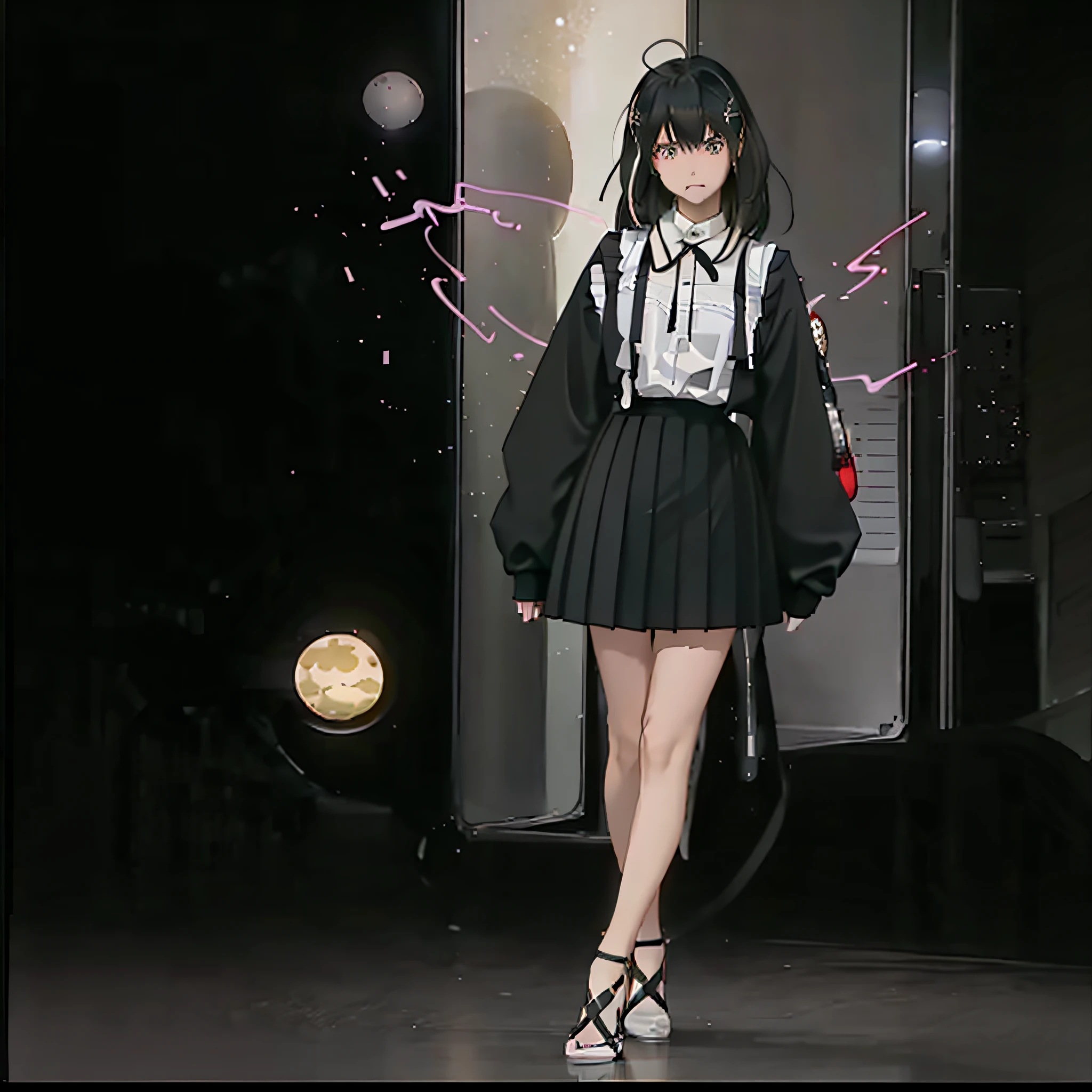 beautiful countenance, 1girl in, (a moon:1.4), (1 Girl gives a kick in the air:1.4), 独奏, Queen Vampire Girl, Feet in the air, Uniform in white and yellow colors, pleatedskirt, landscapes, Mature body, adult body, fights, tusk, karate, Leaning on the ground, long black claws, lipsticks, long pointy ears, bare-legged, Detailed feet, shinny skin, Mature body, large full breasts, Striped black hair, long hair with cues and braids,、dishevled hair、Hair scrunchies、tsurime、long  skirt、Semi-high slippers、High sandals、swept bangs、Ahoge、alternate hairstyle、Long、Two-tone hair black&White the、Black and white hair、split-colored hair、Light mix white hair and brown hair、Colorful hair、Radiant hair、breastsout、The necklace is Twin Angel、It is a symbol of green eyes、 A detailed eye、Class Representatives、Enraged face、anger face、Peep、closing eye、eye brows up、Pleated eyebrows、annoyed face、Mouth closed、Angry、Zunder、brightened light、electric lights、Red Neon、、pixiv、HDR、ultra-detailliert、movie、rendered in blender