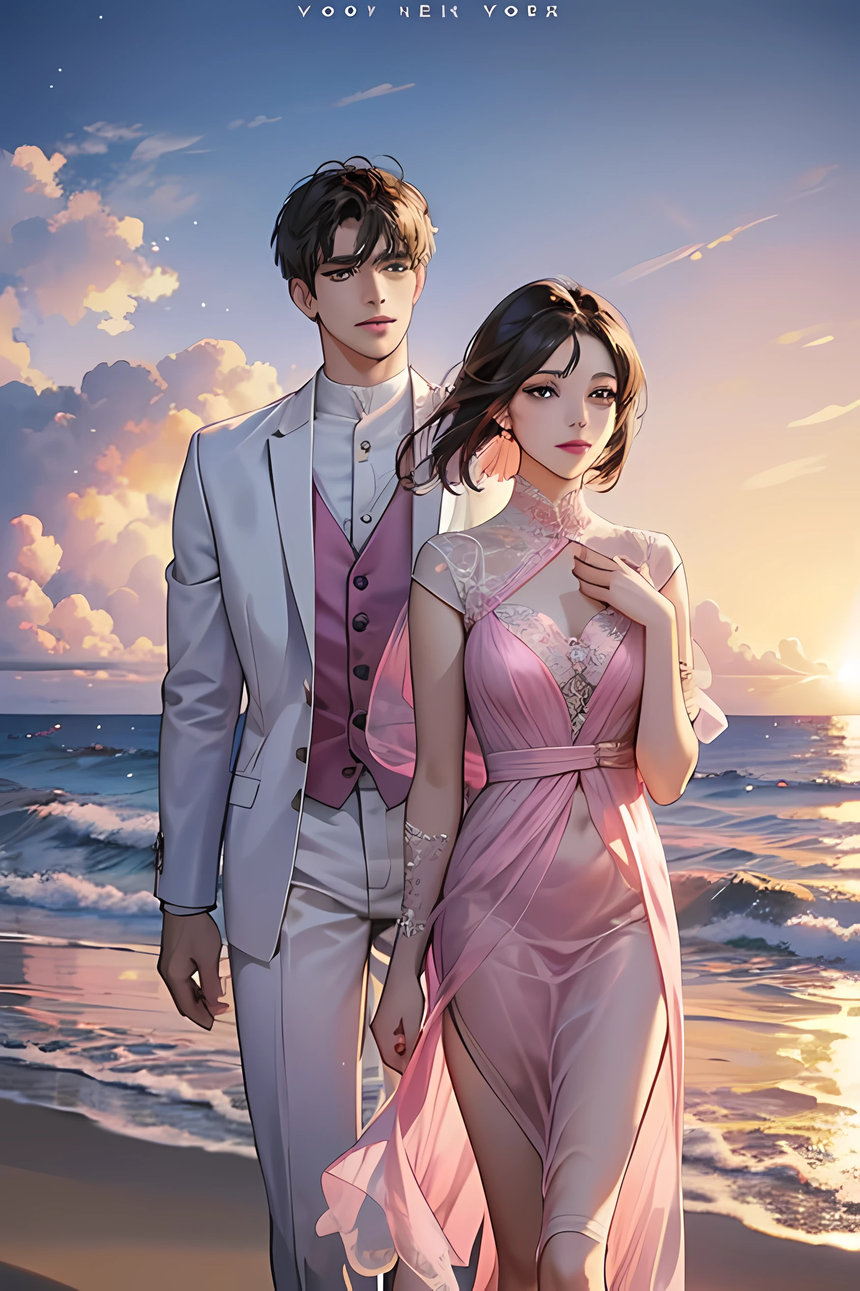 Modern romance novel cover,Beautiful Asian woman with light brunette hair, 20 years old, three pink dresses Standing hand in hand with a 30-year-old man with short black hair, wearing a white suit, tall, strong, handsome.,Set against the backdrop of an evening sea beach.