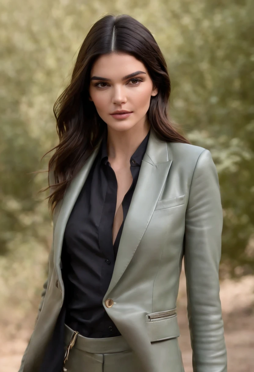 Kendall Jenner pantalon cuir, pas de soutien-gorge, bottes et blazer ouvert. Longues jambes. fessiers