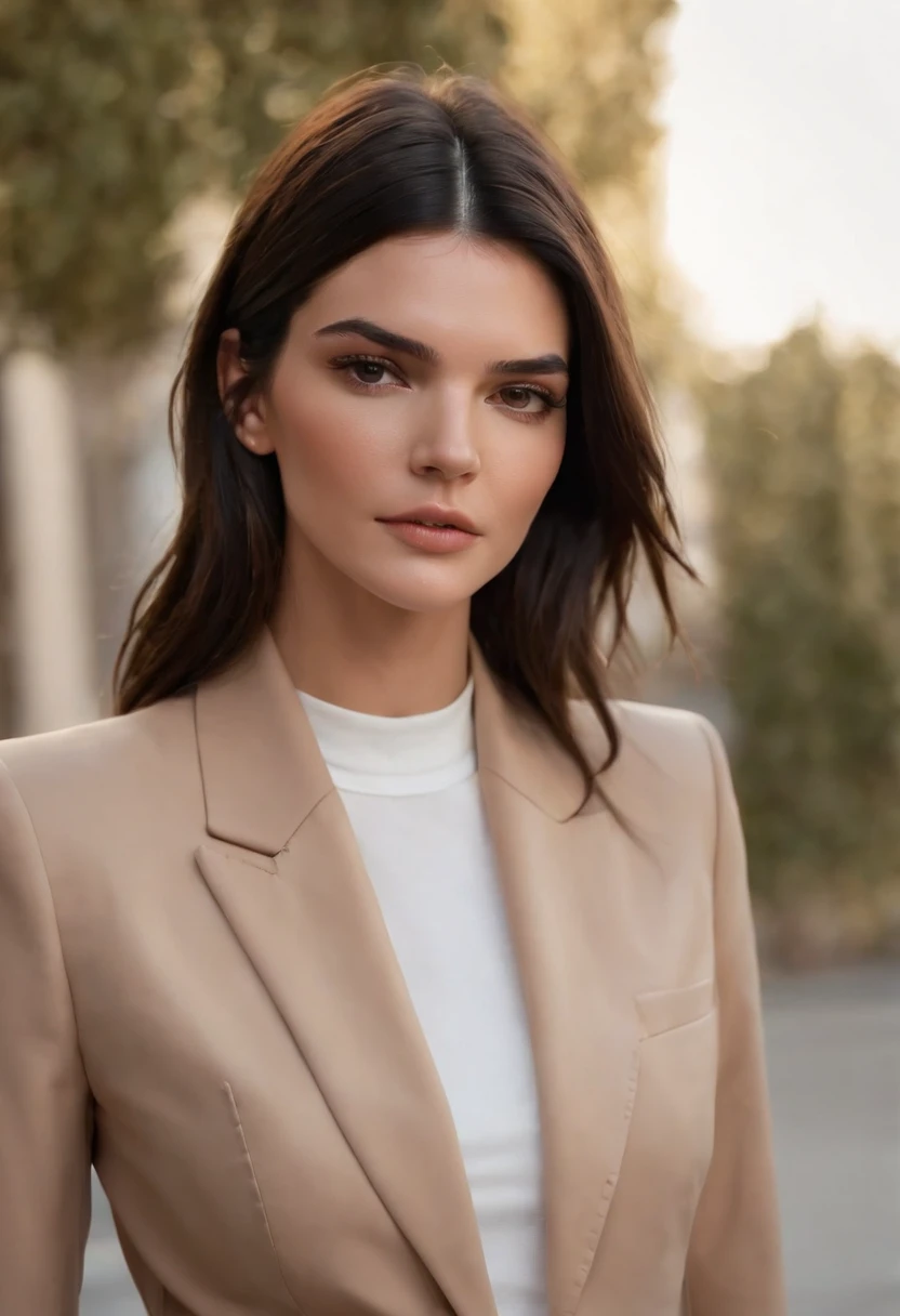 Kendall Jenner pantalon cuir, pas de soutien-gorge, bottes et blazer ouvert. Longues jambes. fessiers