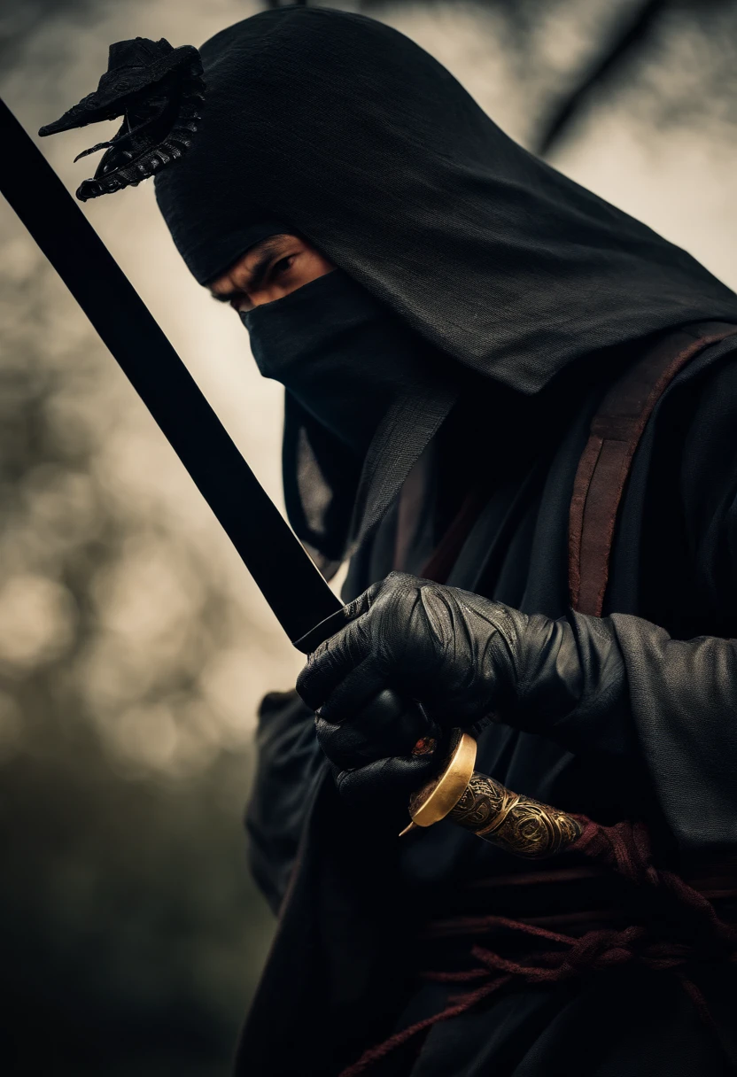 a shadow ninja doing a suicide with pierced by a katana through his stomach, indicating that the ninja lost, behind him is scary dragon with big eyes and heads