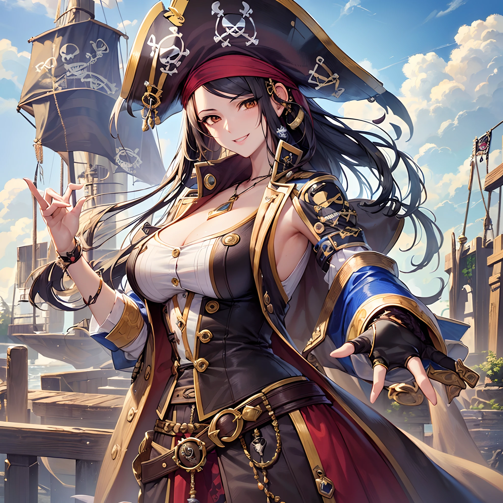 ((Finest quality)),(超A high resolution),(ultra-detailliert),(Meticulous portrayal),((Best CG)),(Finest works of art),Ultra-Precision Art,The art of astounding depiction, (Haihara:1.5),suns:1.5,breezing, (1 Female Pirate:1.5),Female Pirate:1.6,Grinning face,