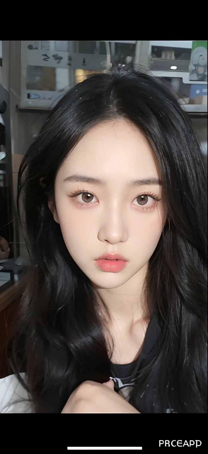 a close up of a woman with long black hair and a black shirt, korean symmetrical face, soft eyes and narrow chin, ulzzang, young adorable korean face, black eyes and large forehead, young cute wan asian face, with round face, korean face features, slit pupils, with black sclera eyes, pale round face, small heart - shaped face