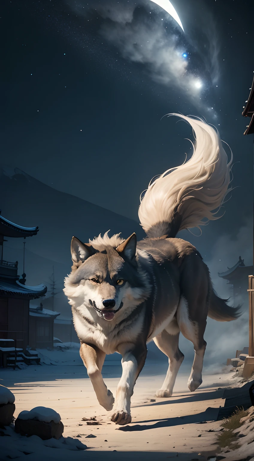 Strong wolf，中景 the scene is，（Full body appearance），Admire the night sky，standing on your feet，Roared，Rush into the night sky，Delicate depiction of hair，（Extremely detailed depiction of the wolf's body），Empty night sky，Transparent Nebula，pagoda，Auspicious clouds，The huge full moon shines brightly，Endless savannah，（Snowflakes flying），Empty visuals，ultra-wide-angle，Winter tones，light and shadow effect，Light particle tracing，rendering by octane，Movie lighting，Surreal landscape，clear contour light，rim-light，fanciful，（8K分辨率），spotlight lights，Masterpiece，Master painting，photorealestic，realisticlying