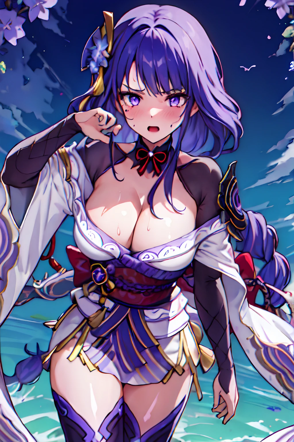 masutepiece, Best Quality, High resolution, Extremely detailed, Detailed background, Cinematic lighting, Dynamic Angle, Raiden General, 1girl in, Purple hair, Solo, breasts, Looking at Viewer,Purple Long, Open mouth, pale purple eyes, cleavage, medium breasts, black thighhighs, zettai ryouiki, Kimono,Sweat, blush, embarrassed , Heavy breathing , steaming body, agitation, NSFW, Double bun, Big Vood,Pastel Fantasy