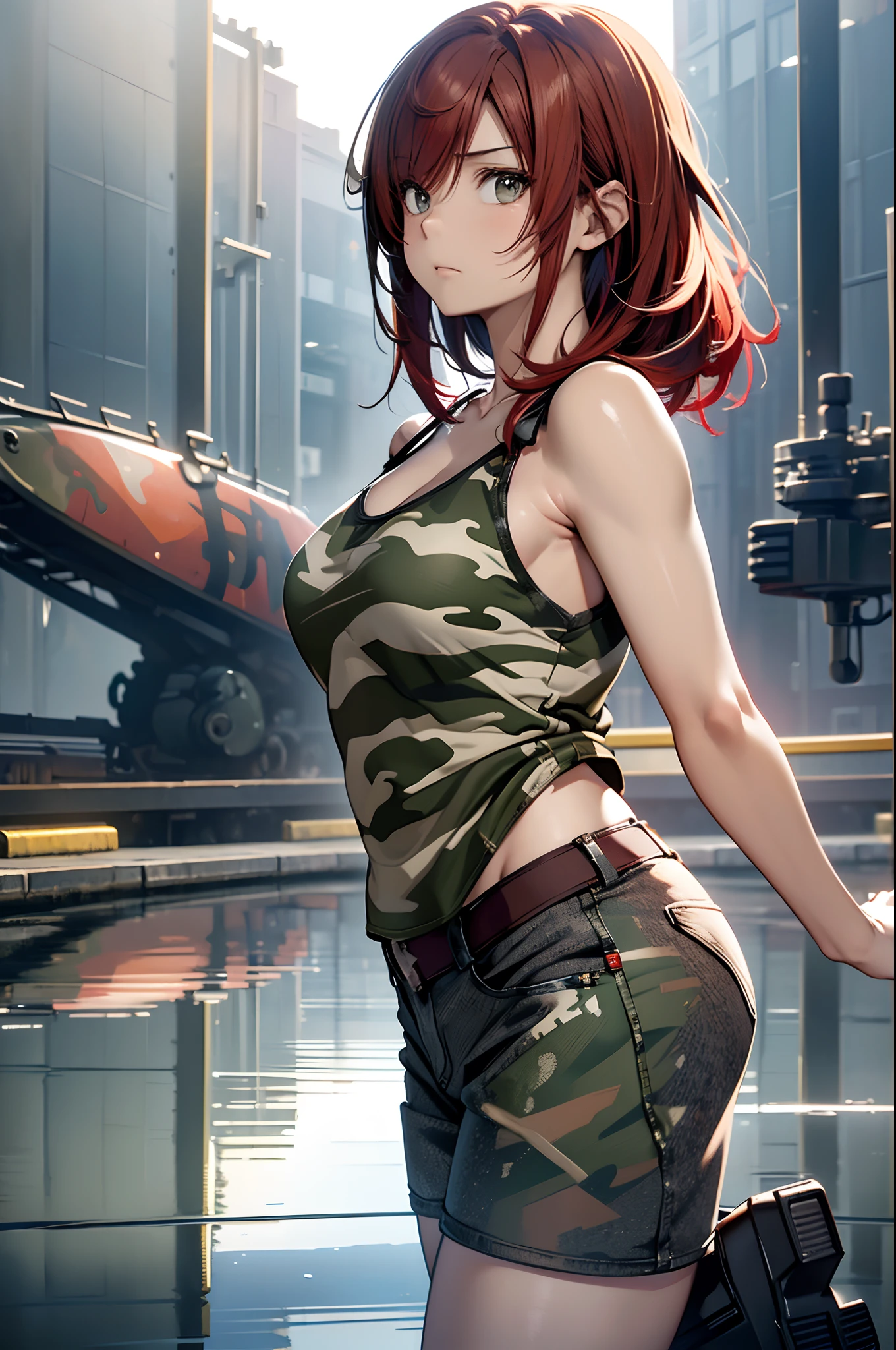 (Best Quality, 8K, Oil Painting, masutepiece:1.2), Ultra-detailed, (Realistic, Photorealistic:1.37), (((FULL BODYSHOT)))、Vibrant colors, Studio Lighting, (((The whole body is reflected)))、Shoulder-length bob hair, Green and brown tank top, Camouflage tank top,  Denim miniskirt, White background, scared expression、 fighting poses、(((Red hair)))、(((bobhair)))、(((Camouflage pattern tank top)))、(((with a pure white background)))、(((There is a margin at the top)))、Doing a high kick