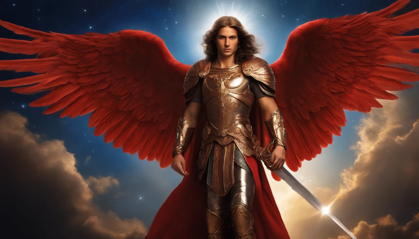 male character, Archangel Michael, Astronomical images, intricate details, realistic, red and large wings, Angelic background, Catholic illustration image of Archangel Michael, Male characters in the Bible, Michael wears angel armor, cosmic background, Archangel and backlighting, Full body image of an angel, Maximum detail and his angelic face and wings, Realistic perfect skin, The highest image quality, Miguel He is highlighted in the image in strong and striking colors.