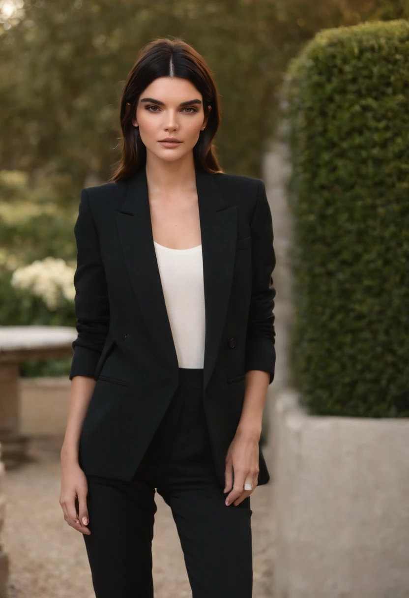 Kendall Jenner pantalon , blazer, ne portant rien sous son blazer, bottes et blazer ouvert. Longues jambes. fessiers