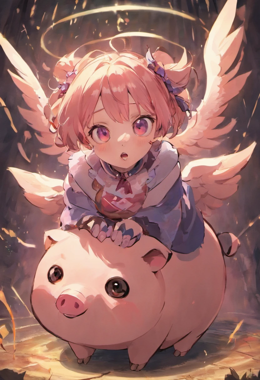 A pig,Exaggerated pig with big eyes,Crazy zoo style, Pig animals, flying pig, Cute pig,wings,The feathers are colorful,