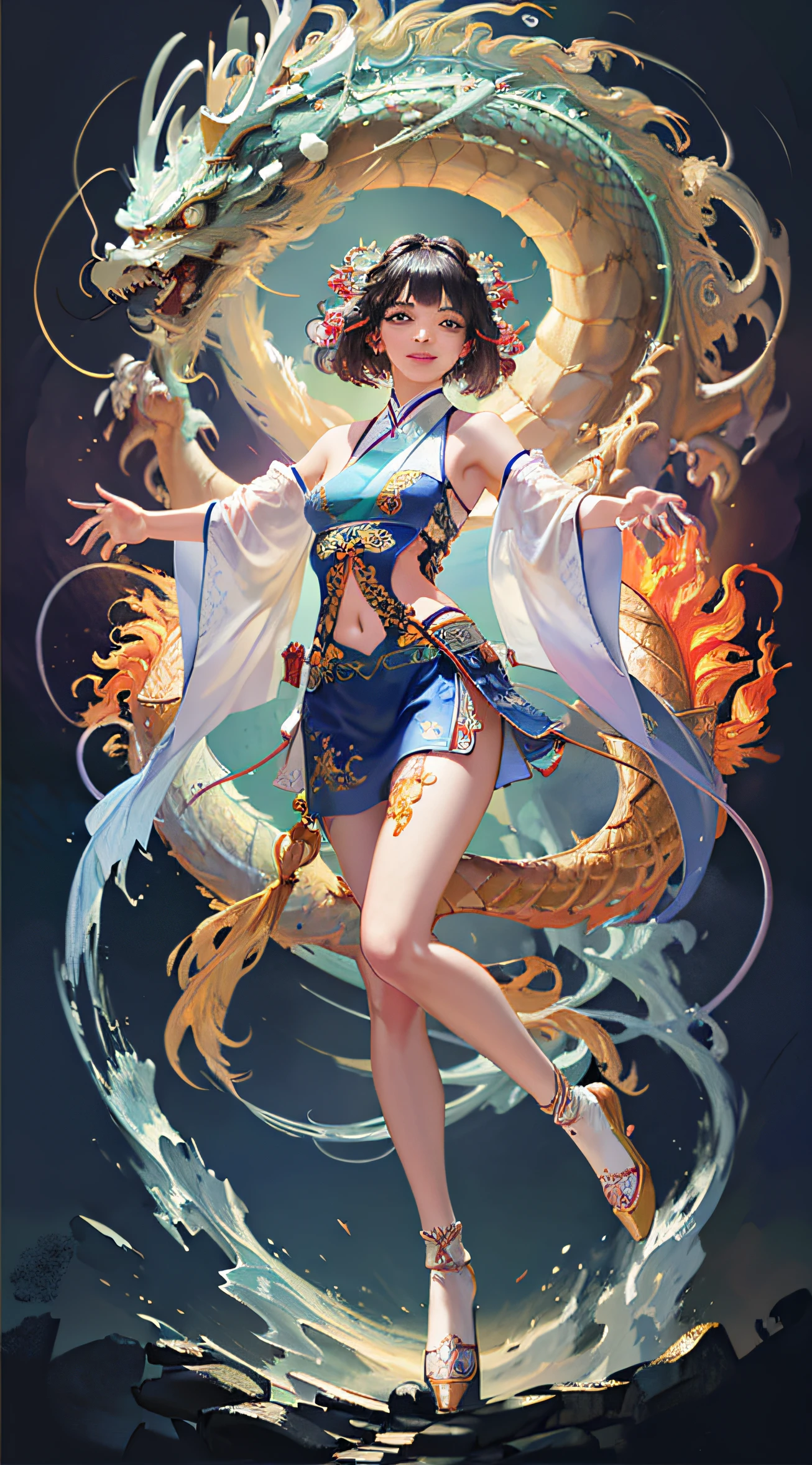 Official Art, Unified 8K Wallpapers, Ultra Detailed, Beautiful and Aesthetic, Masterpiece, Best Quality, (Zentangle, Tangle, Entangle), (fractal art: 1.4), (character center: 1.3), 1girl, black hair, Chinese, off-the-shoulders, short skirt, calf, navel, very detailed, dynamic angle, cowboyshot, (most beautiful form of chaos), ethereal, (bright colors), oc, (half: 1.2), china, (thangka flying sky: 1.5), (ribbon: 1.3), (dream: 1.5), (hanfu: 1.5), Chinese dragon, Chinese phoenix, (smile: 0.5), ( Chinese deities),