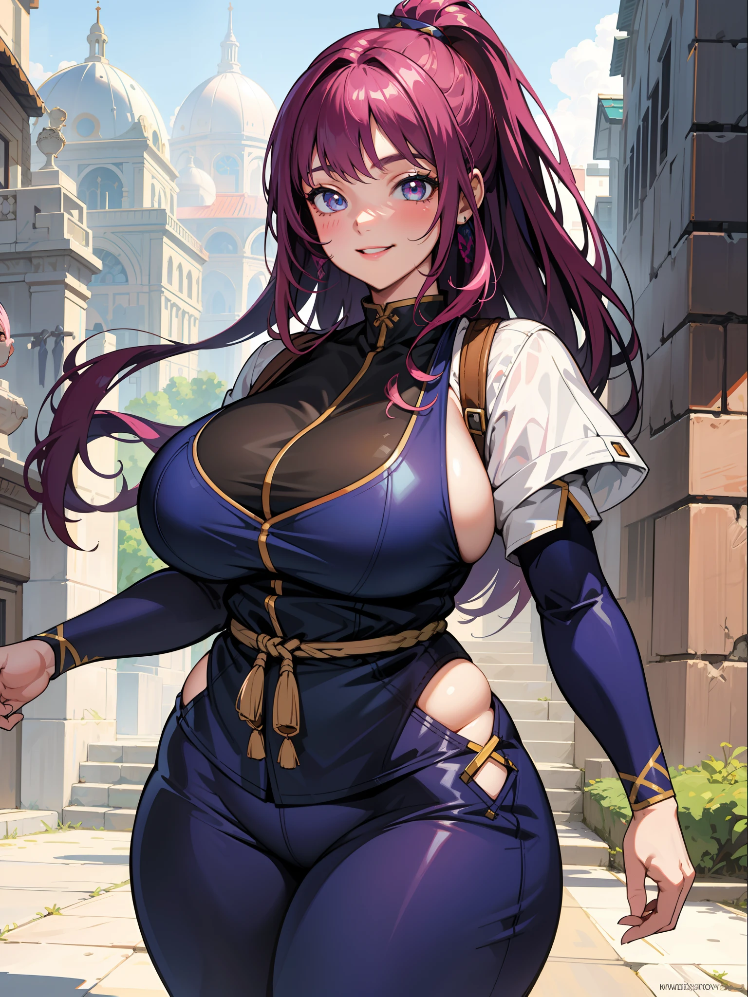 ((plus size)), smile, masterpiece, absurdres , highres, ultra detailed, cowboy shot, detailed face, detailed eyes, detailed skin, (1girl:1.3), pink hair, ninja