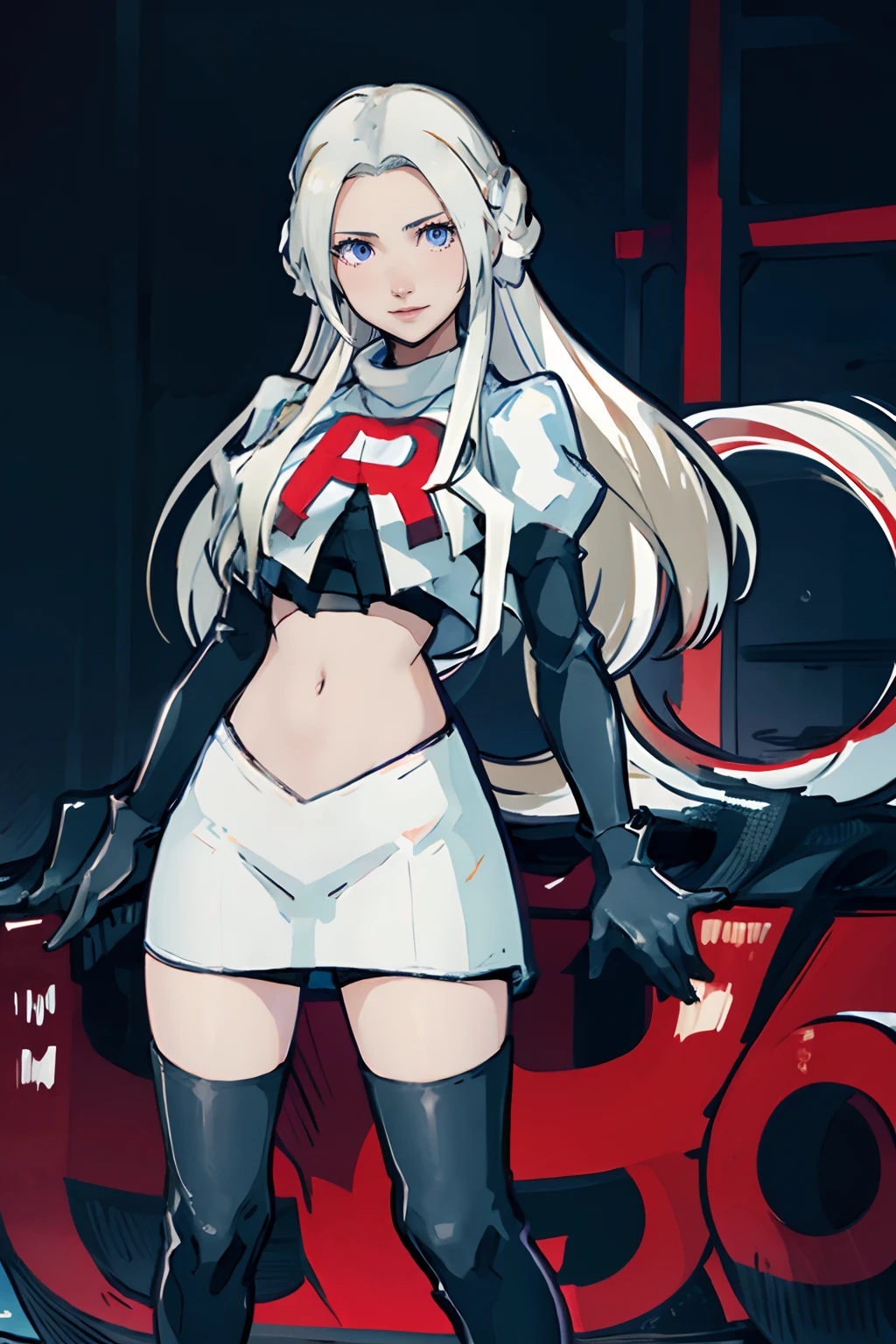 face of edelgard_academy,1girl,team rocket,team rocket uniform, red letter R, white skirt,white crop top,black thigh-highs,black elbow gloves, evil smile