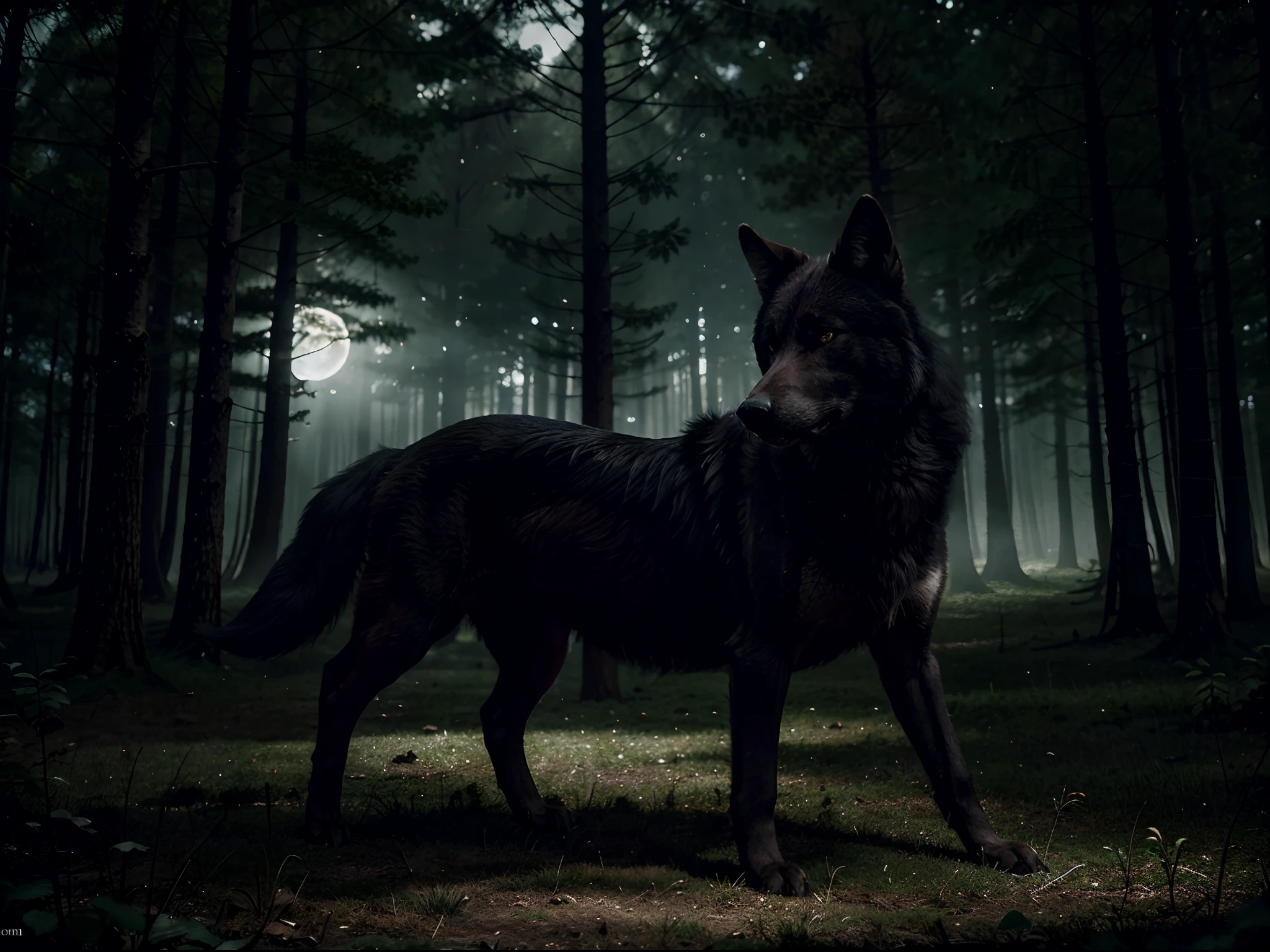"Craft a mesmerizing visual portrayal of a red-black wolf, its distinctive fur melding shades of crimson and ebony, set against the backdrop of an encompassing darkness. Envision the wolf as a powerful and enigmatic figure, its sinewy muscles and sleek form evoking an aura of primal prowess and grace. The darkness envelops the scene, adding an air of mystery and suspense, further accentuating the wolf's enigmatic presence.
In the background, picture a dense forest cloaked in shadows, with the silhouettes of ancient trees and lush undergrowth creating a hauntingly beautiful ambiance. The full moon emerges from behind the gnarled branches, casting a soft, ethereal light that illuminates the forest floor, while the stars twinkle like distant diamonds in the vast night sky, adding a celestial touch to the scene.
The red-black wolf stands amidst this captivating yet eerie setting, its piercing gaze reflecting both intelligence and primal instinct. Every strand of fur should be meticulously rendered, capturing the interplay of shadows and highlights, while the wolf's keen eyes exude a sense of keen awareness and a hint of mystery.
As the moonlight filters through the dense canopy, it creates intriguing patterns of light and shadow on the forest floor, adding an additional layer of depth to the scene. The subtle rustling of leaves and the distant hoot of an owl further contribute to the immersive ambiance, evoking a sense of being in the heart of an ancient and enigmatic woodland.
This scene should evoke a captivating blend of awe and reverence, inviting viewers to contemplate the primal beauty and raw power of the red-black wolf within the depths of the mysterious forest. Please ensure that the final image captures the essence of this haunting yet alluring scene, with meticulous attention to the intricate details of the wolf's fur, the surrounding forest, and the celestial elements that heighten the sense of mystery and wonder, delivering a visually stunning and emoti