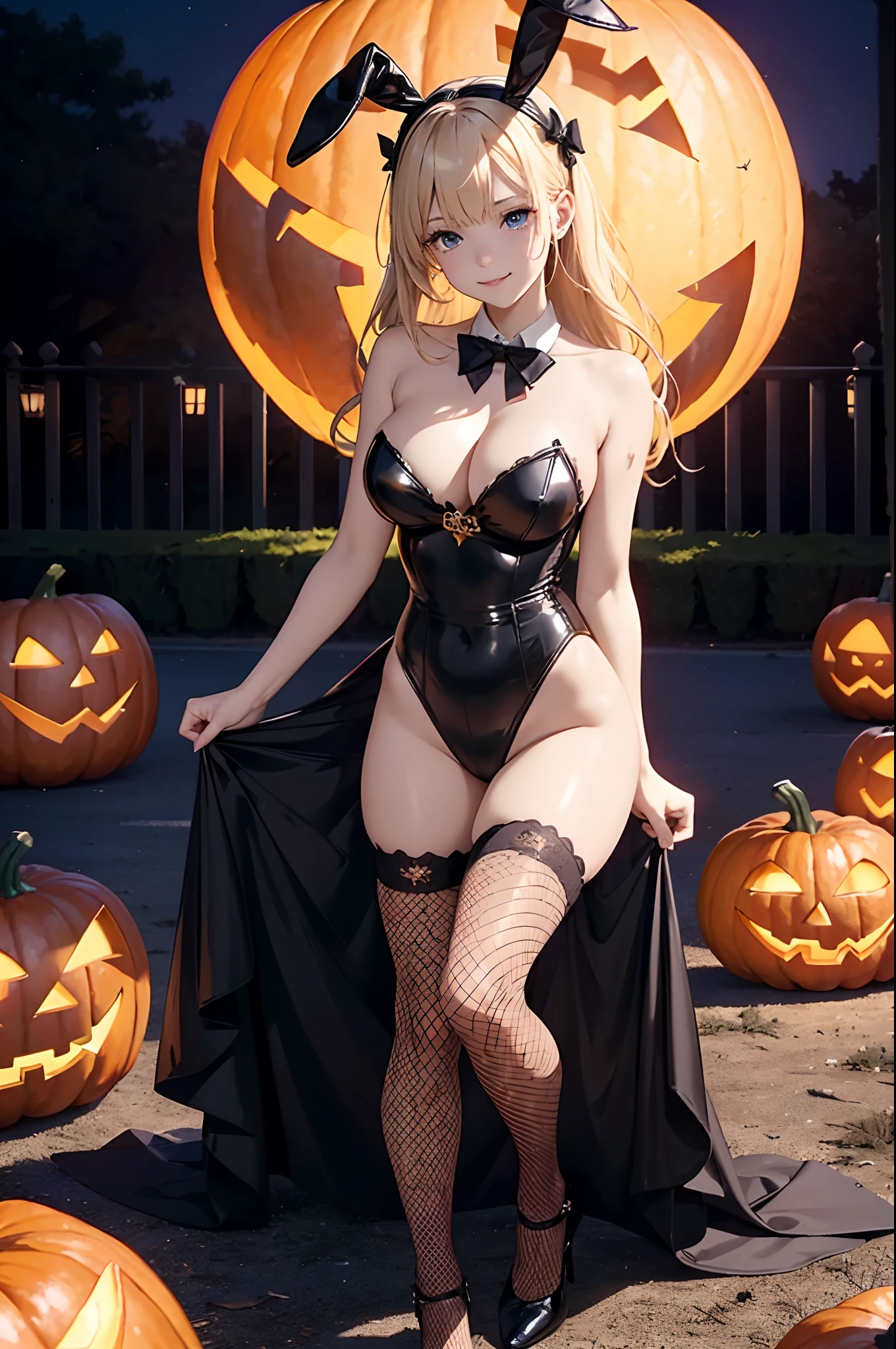 (Official art、Best Quality、Unity 8k Wallpapers、32K、masterpiece、ultra-detailliert、超A high resolution、realisitic、Photorealsitic:1.2)、(Cinematic lighting:1.2)、Fireglow effect、film grains、Best Shadows、(Ultra-detailed and complex 3D rendering)、Detailed beautiful face and eyes、A slender、Medium bust、(Full body:1.2)、 Highly detailed background、(super detailed skin、detailed skin textures:1.3)、(Close-up of a group of carved pumpkins in the park, jack-o-lanterns, Pumpkin glowing under the tree, Halloween atmosphere, Halloween Scene, jack - o'- lantern, pumpkins, Evil spirits walk around with lanterns, halloween celebration, Halloween, Spooky and scary atmosphere, halloween theme, Halloween Decorations, halloween night, shutterstock, trick or treat, edited)、shinny skin, 20-year-old beauty、Beautiful wavy platinum blonde hair、 Blue eyes、beauitful face、Playboy Bunny Girl、High-cut leotards、a bow tie、Cuffs、Wearing fishnet stockings、Black rabbit ears、with a rabbit tail on the buttocks,、Smiling smile、Holding a haunted pumpkin in both hands