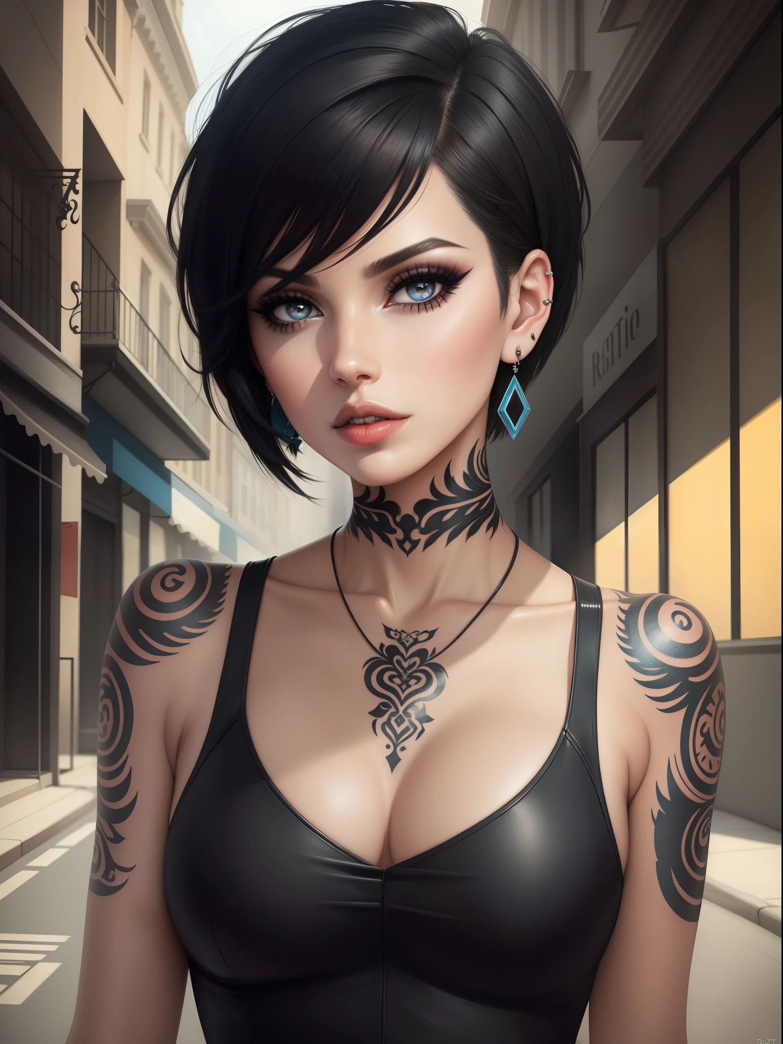 DigiArt Style, looking at viewer, portrait, digital art, 1girl, solo, short hair, black hair, azur eyes, earrings, parted lips, lips, eyelashes, tattoo, makeup, piercing, ear piercing, jewelry