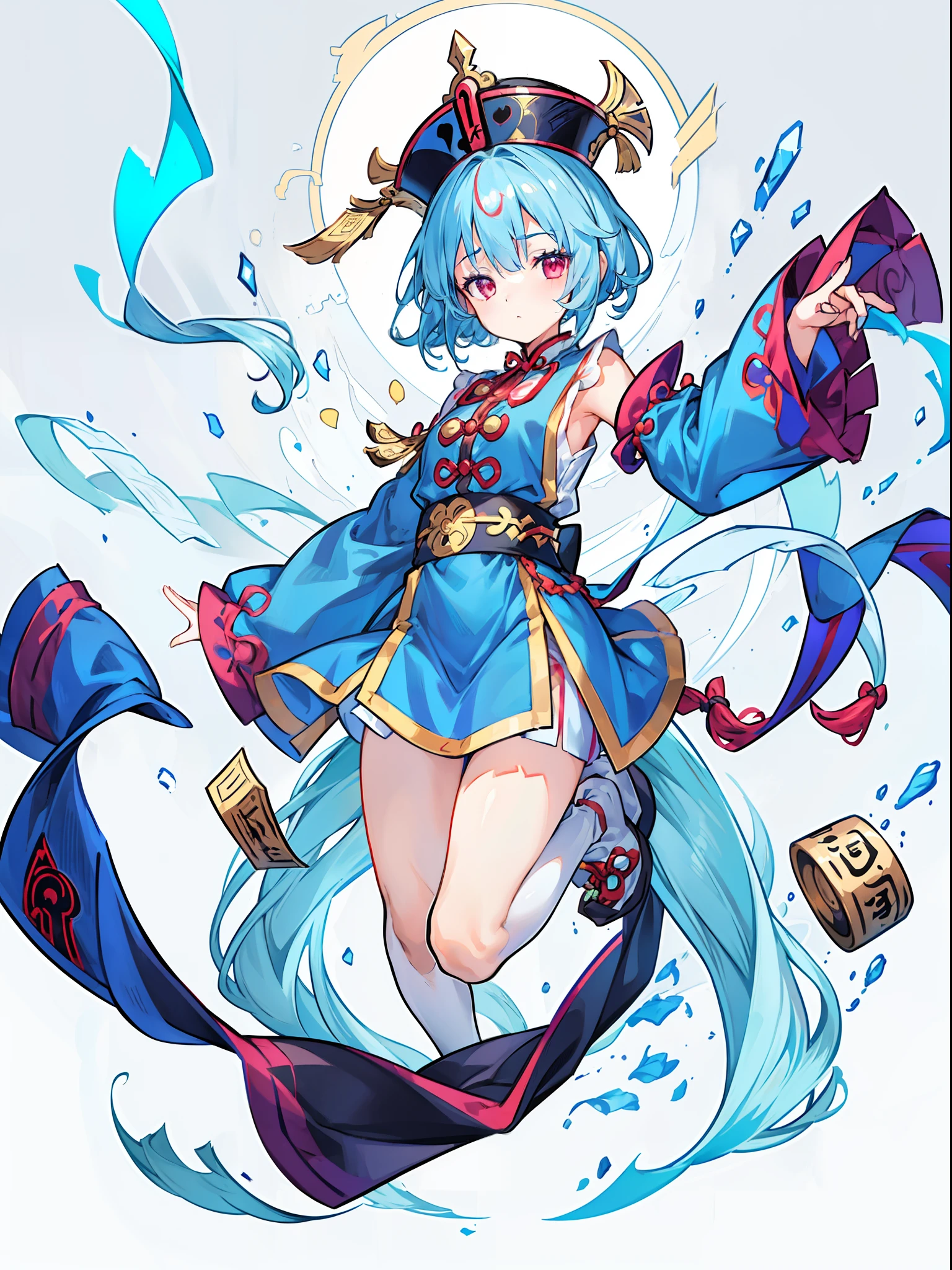 1 girl, ((Jiangshi costume)), character focus, close to viewer, cowboy shot, jumping, put arms forward, put a bill on forehead,white background, full body,high resolution,(incredibly absurdres),anime visual,extremely detailed CG unity 8k wallpaper, ((masterpiece)), ((top-quality)), (beautiful illustration), ((an extremely delicate and beautiful))