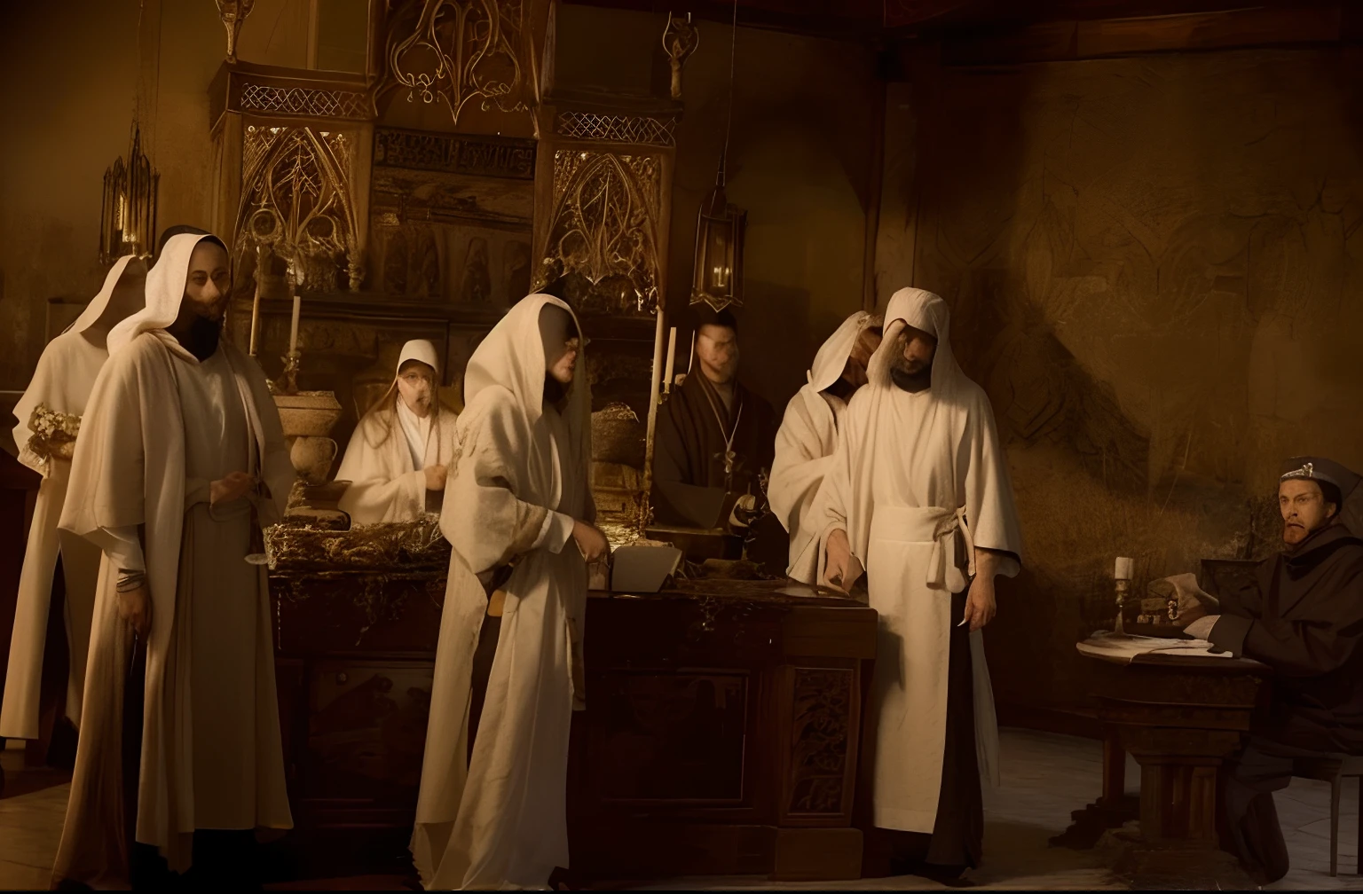 Several people in white robes are standing around the table, robed figures sat around a table, dressed in white robes, white robes, clad in robes, wearing a white robe, Ancient kings in white robes, covered in robes, wearing robe, flowing white robes, religious robes, wearing flowing robes, wearing a white robe!Masks for plague, ritual, dark atmosphere, professional photography, high resolution, high analysis,