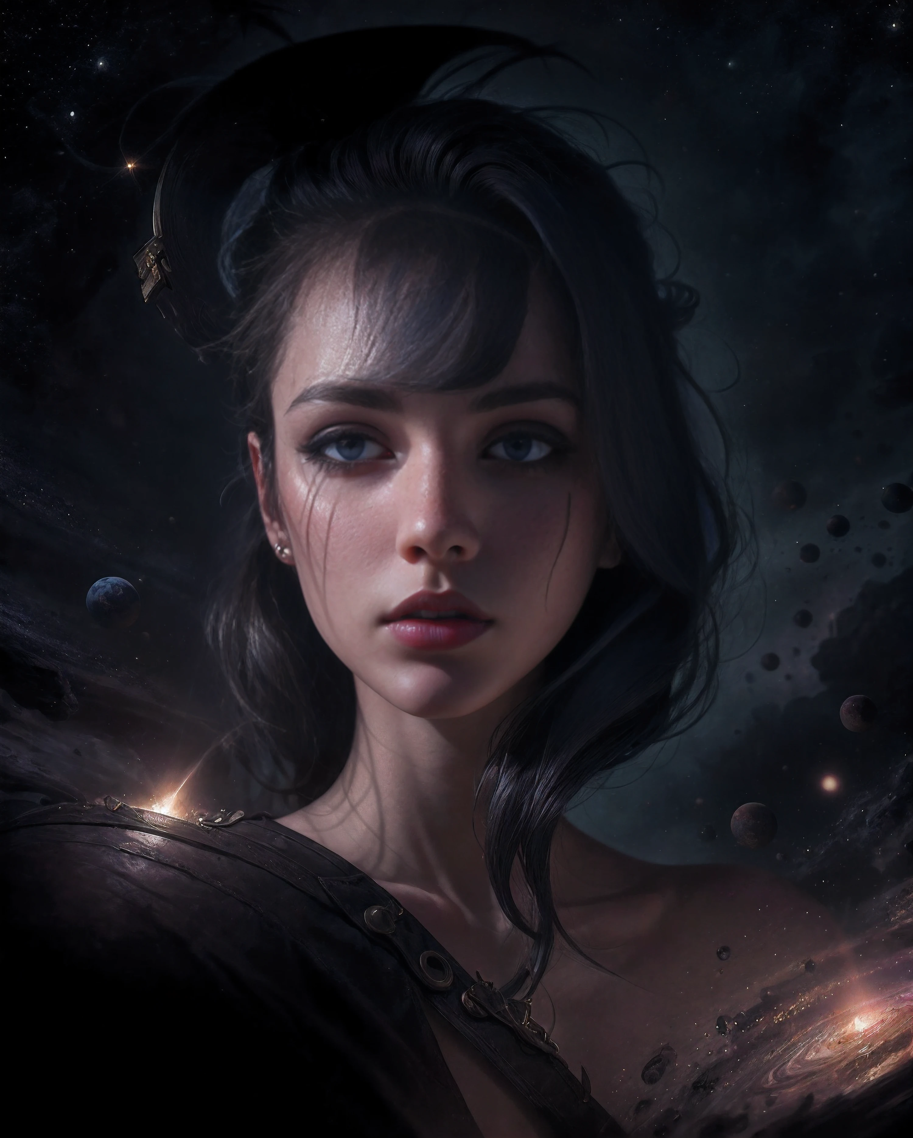 (Naked:1.2), Photo of a gorgeous young woman, realistic skin texture, Looking Down, 1 / 2 Exterior Finishes, 8 5mm art lens, F 1. 2, sharp-focus, 8K High definition, insanely detailed, Intricate, elegant, Drawn by Stanley Lau and artgerm, Violet luminous rays, in style of dark fantasy art, Side Shot, (Cheeky face), realistic 4k digital art, (Gloomy color scheme:1.5), Space and black holes in the background.