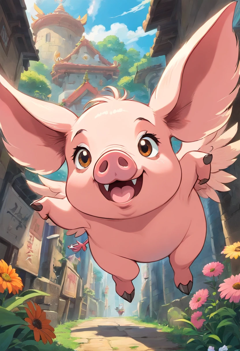 A pig，Exaggerated pig with big eyes,Crazy zoo style， Pig animals, flying pig, Cute pig,wings，The feathers are colorful，