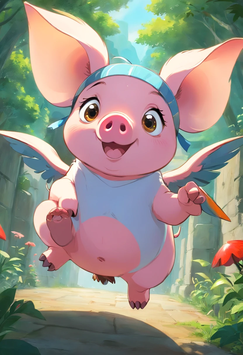 A pig,Exaggerated pig with big eyes,Crazy zoo style, Pig animals, flying pig, Cute pig,wings,The feathers are colorful,