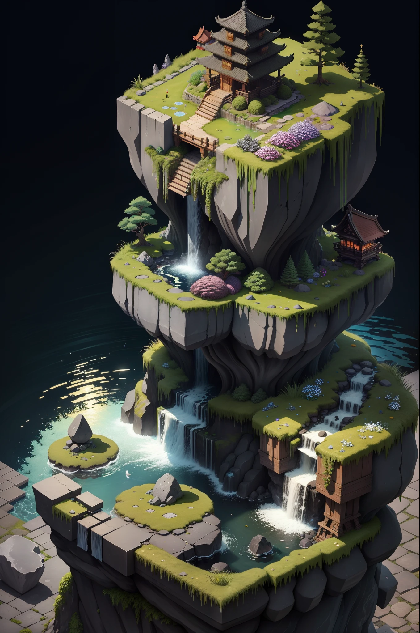 [(black background:1.5),::5], (isometric 3d art of floating rock citadel), (moon:0.95),  cobblestone, flowers, verdant, stone, moss, fish pool, (waterfall:1.2), idyllic, japanese structure --v 6