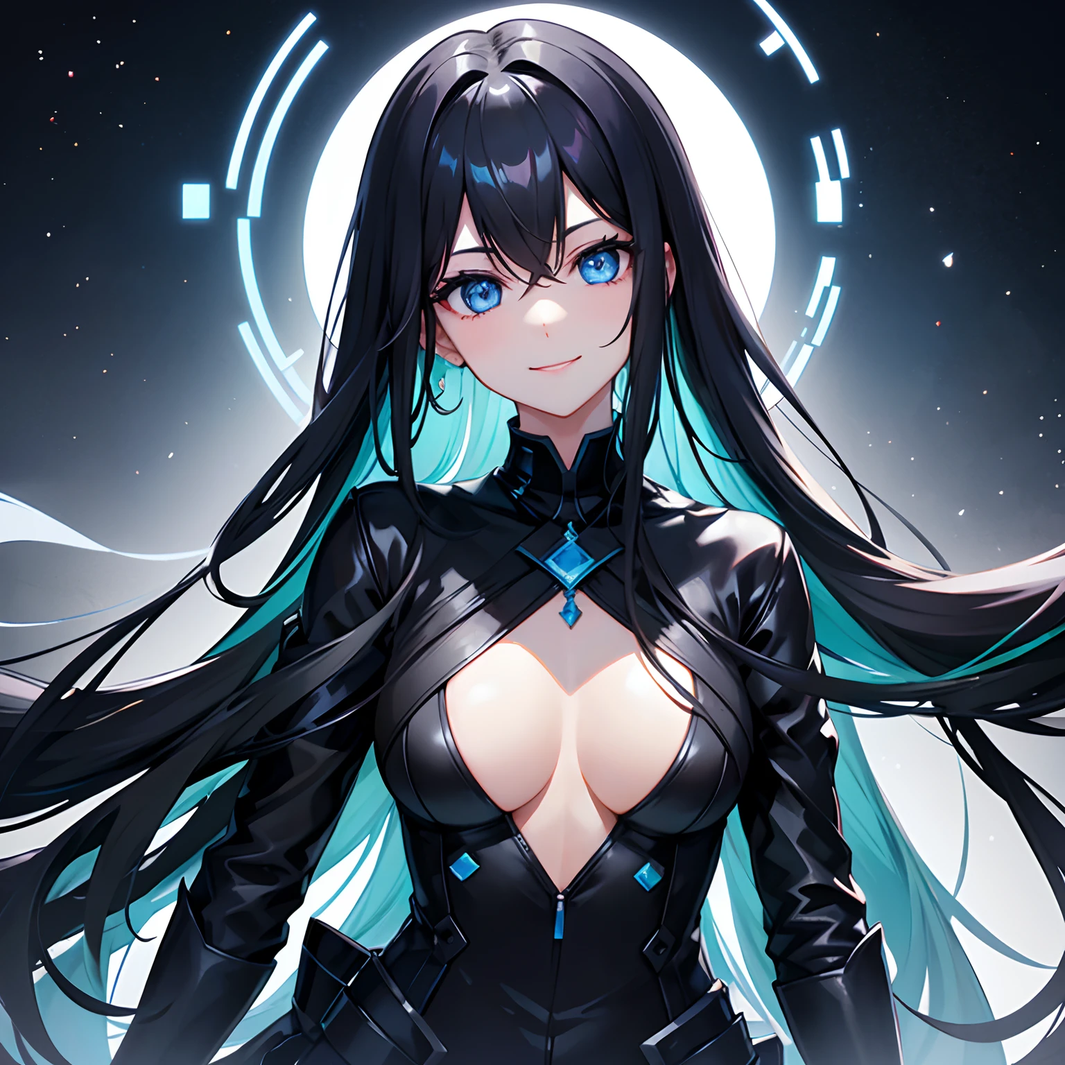 Long black hair、Cyber Fashion、blue eyess、Beautiful face、a smile