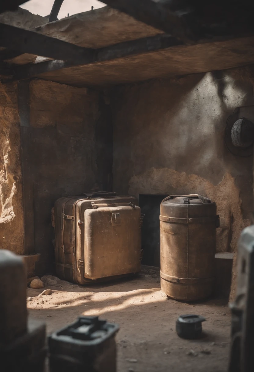 Photo of a post-apocalyptic survival shelter, fortified and equipped with essential supplies.