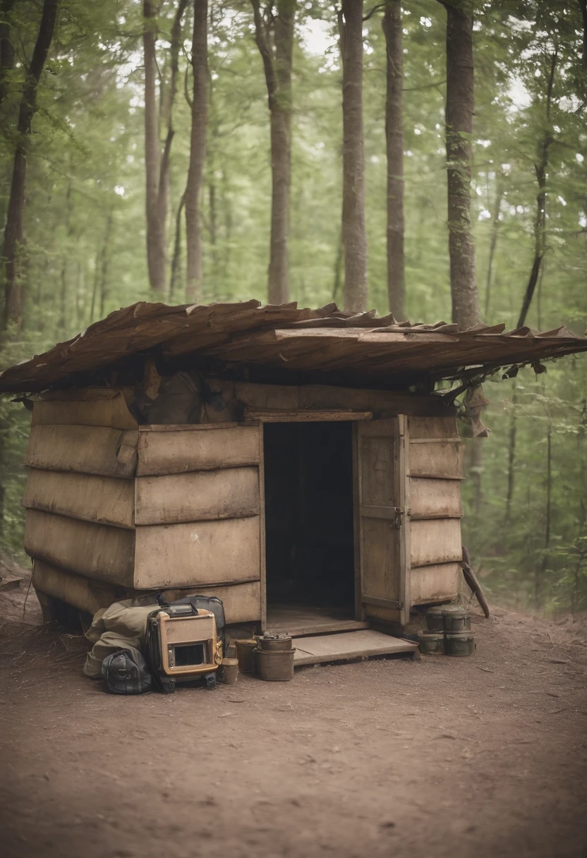 Photo of a post-apocalyptic survival shelter, fortified and equipped with essential supplies.