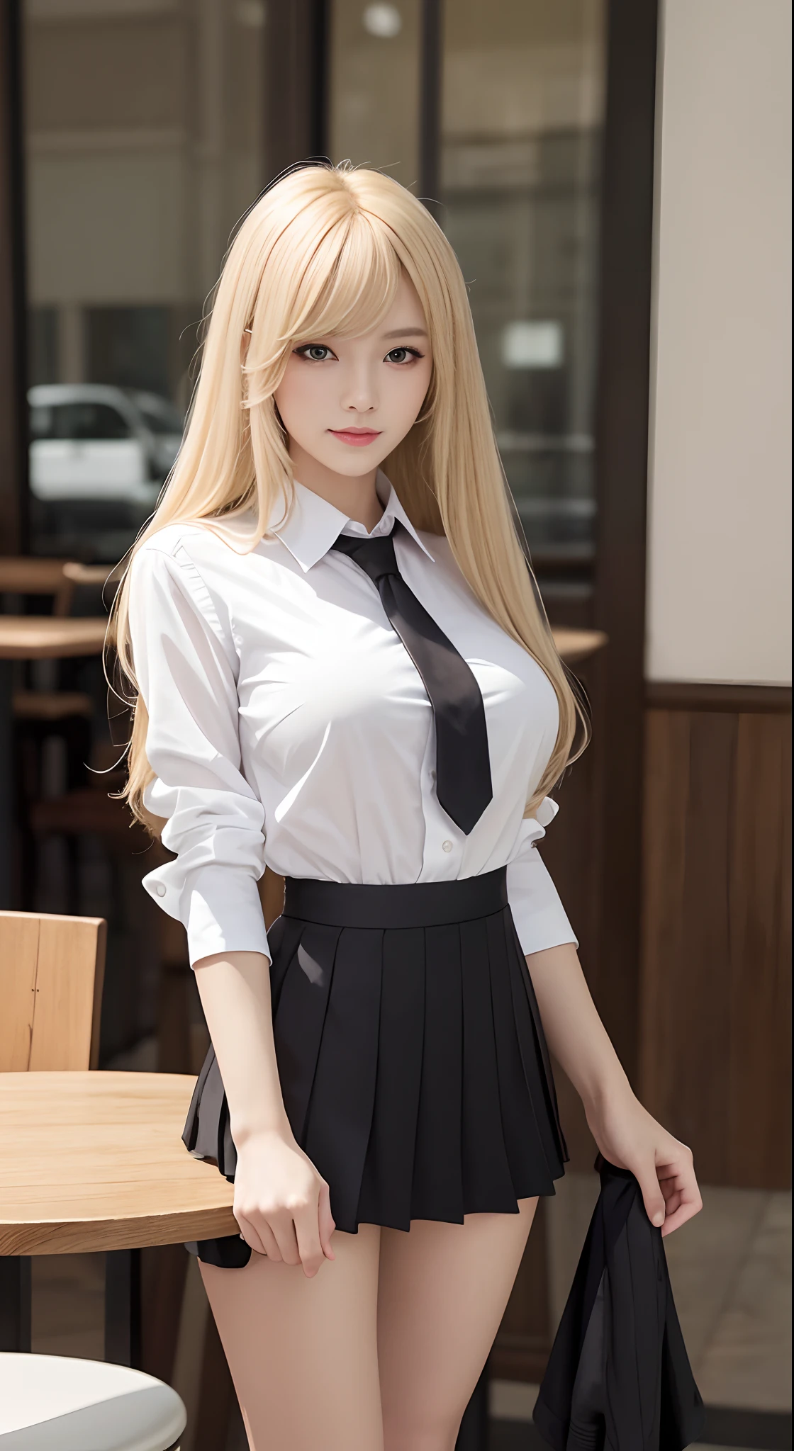 high-level image quality、masterpiece、Raw photography、8K、detaileds、1 persons、独奏、teens girl、Only one person on screen、 Golden hair、Hair is blonde、The bangs are in the center、Unkempt hair、Untrimmed hair、Waist-length long hair、Rin々Right、Hair is waist-length、precise、Full body like、Brown-eyed、Stars in the eyes、Both eyes are brown、Thin eyebrows、Sharp eyes、Soft eyes、long eyelashes、Calm eyes、huge smile、Fluffy smile、Red luster、Super large in hardness、Swaying udder、Brunnbrunn、Nipple stand、nursing、Mature Woman、Older sister、Short Sleeve High School Uniform、Dark brown uniform、White shoulder bag、Hold the bag string between your breasts、Long white gloves on both arms、Grey checked miniskirt、a miniskirt、white stockings、Black leather shoes、The gaze is watching the viewing、Walk with your mouth open、Walking、University、Inside the school、Inside the building、Daytime、Red cheeks、excited、Ecstatic look、Imarathion、full body Esbian