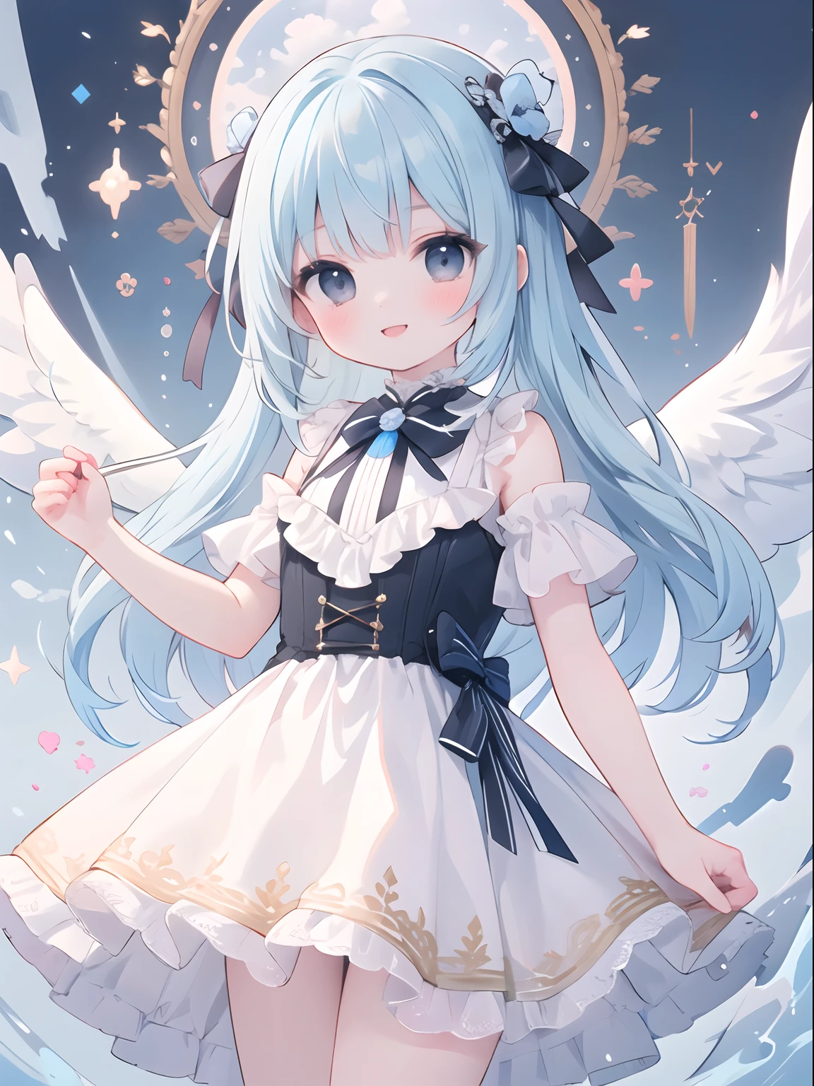 Masterpiece, Best Quality, 1 Girl, Solo, Long Hair, Smile, ((Masterpiece)), (((Best Quality))), Viewer Looks, (Blush: 1.2 ), Cute, (1 Girl), White , (black eyes), mine type, light blue jersey, angel,