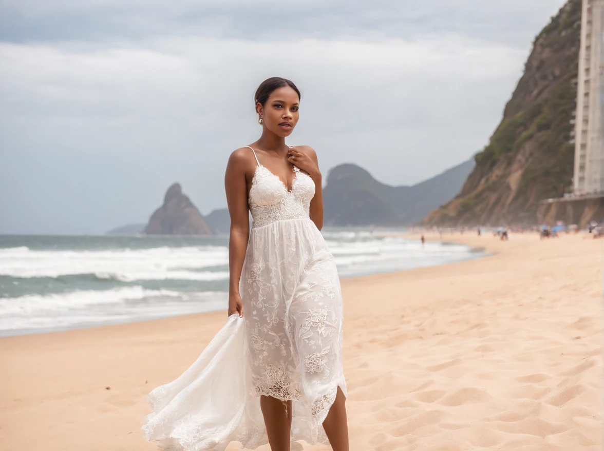 (melhor qualidade,alto:1.2),(ultra-detalhado),(Realistic:1.37),(HDR,UHD),(Physically-based rendering),(Realistic), (hiper-realismo), (fotorrealista), Black woman in white and flowery dress and loose body well with strong and wearing a sneaker, passeando com seu cachorro pit-bull marrom pela areia da praia de Copacabana, dia ensolarado no Brasil